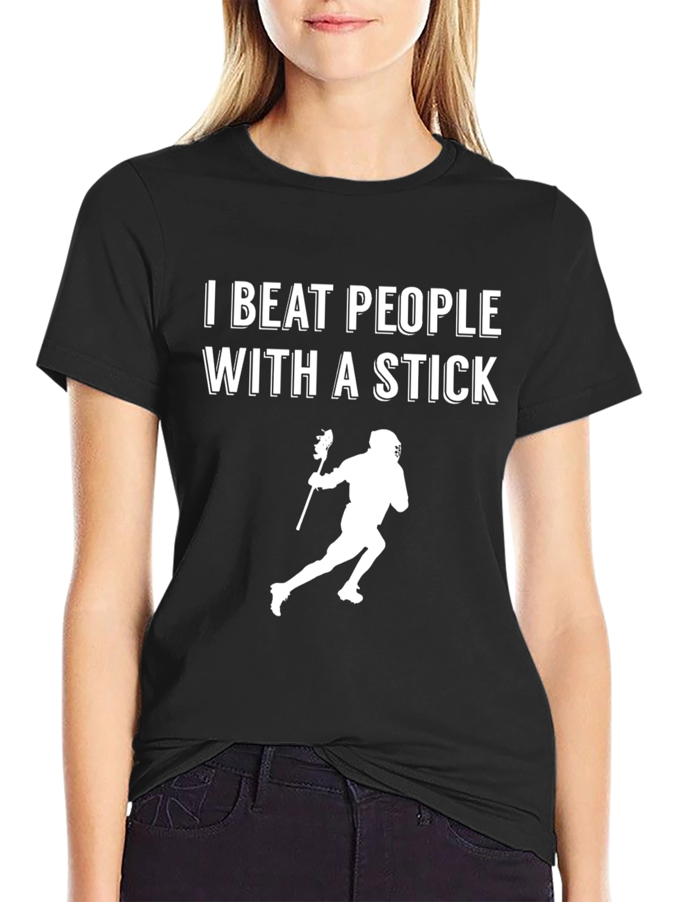 Black I Beat People With A Stick Lacrosse T-Shirt view 2
