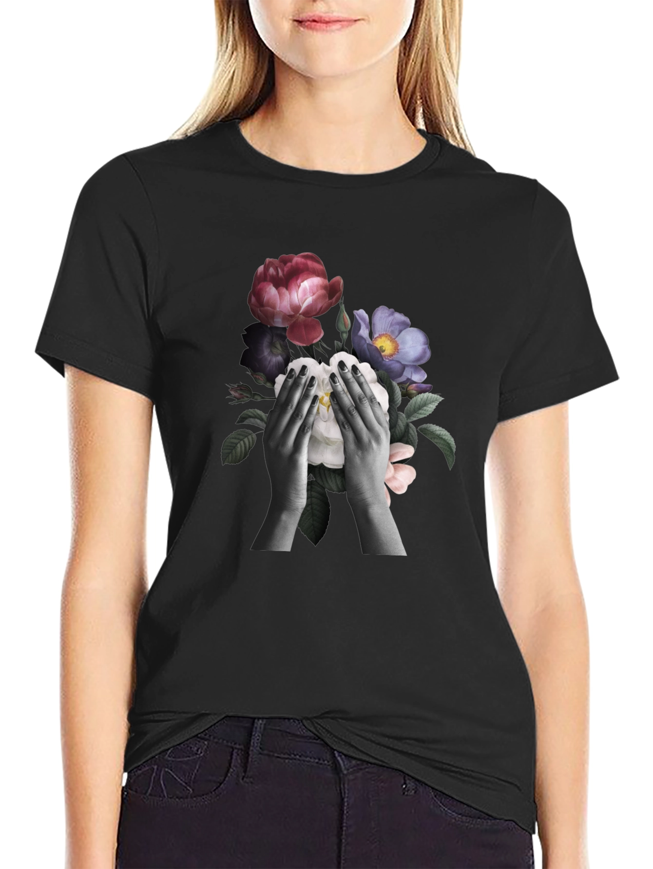 Floral Hands Graphic T-Shirt - Black - 2