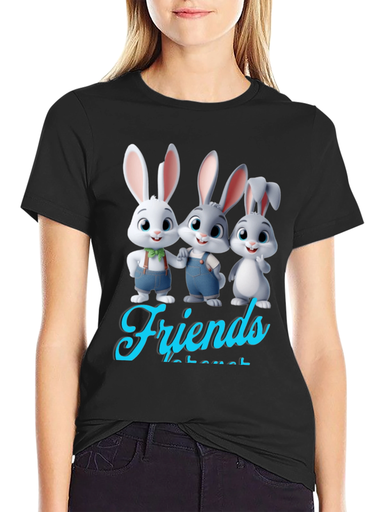 Black Bunny Friends Graphic T-Shirt - Cute Cartoon Rabbits view 2