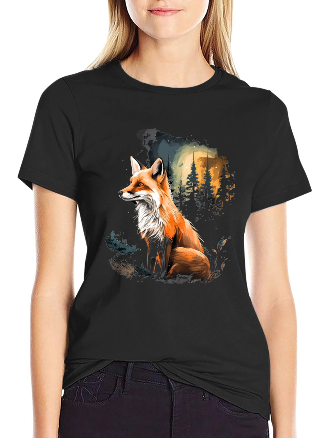 Black Fox in Forest Graphic Tee - Stylish Black T-Shirt view 2