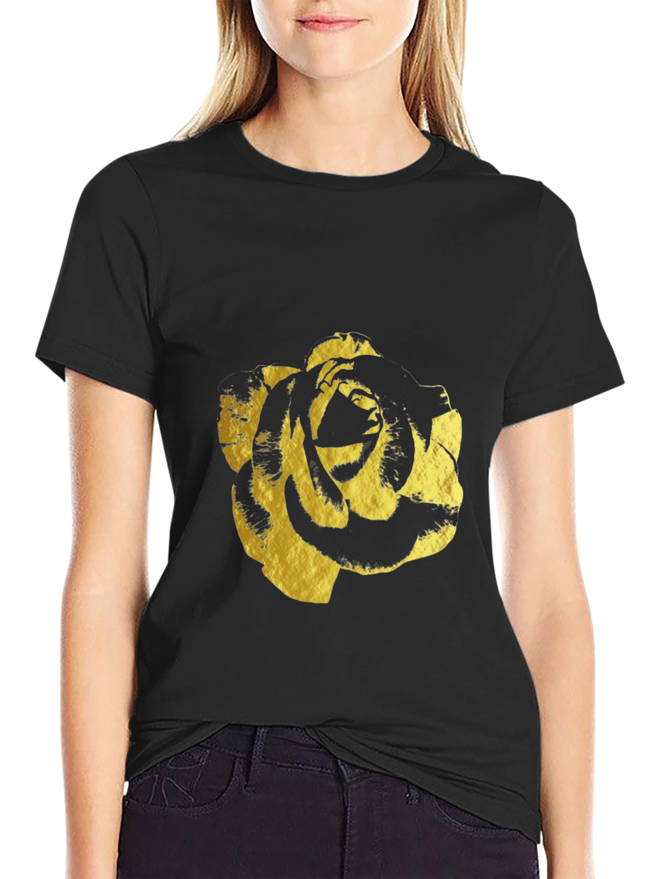 Black Black T-Shirt with Gold Rose Print - Modern & Stylish view 2