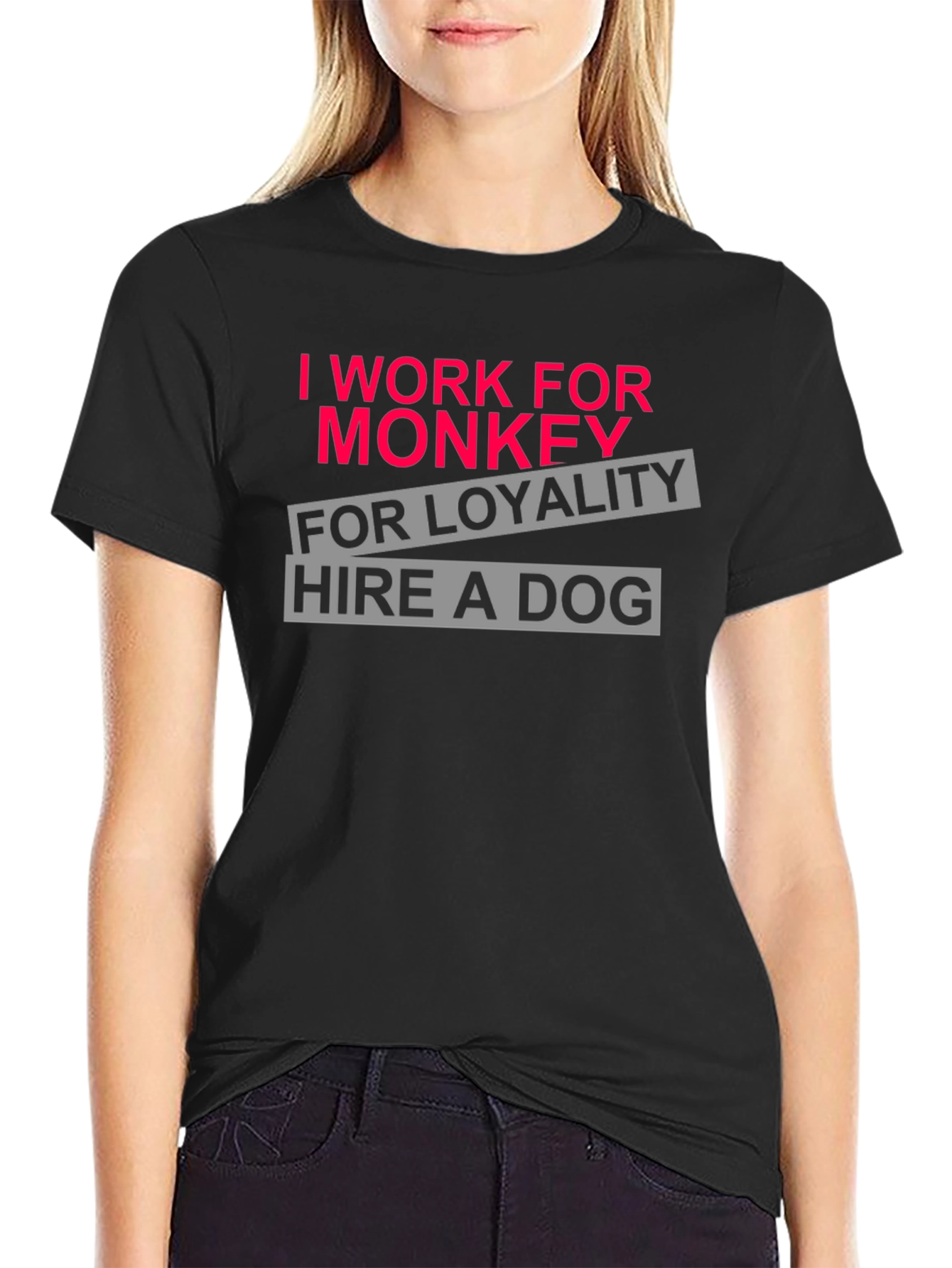 Black I Work for Monkey Funny Graphic T-Shirt view 2