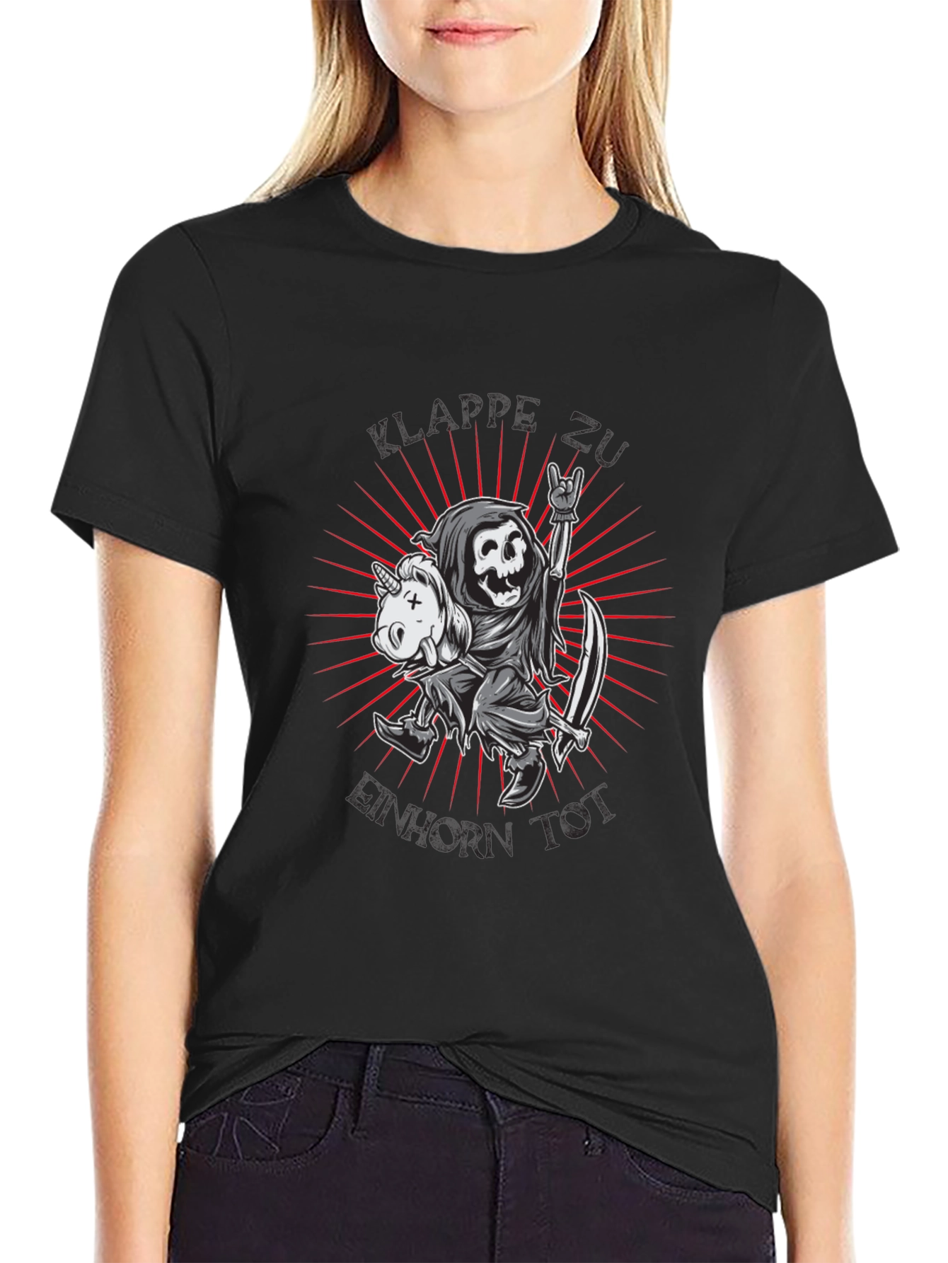 Black Grim Reaper & Unicorn Graphic T-Shirt - Rock On! view 2