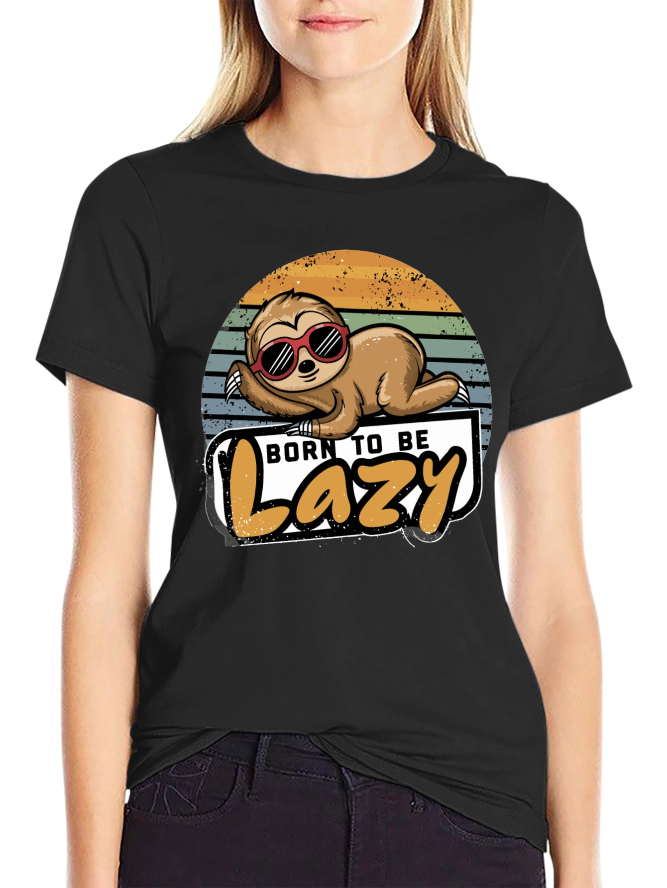 Black Born to Be Lazy Sloth Graphic T-Shirt view 2