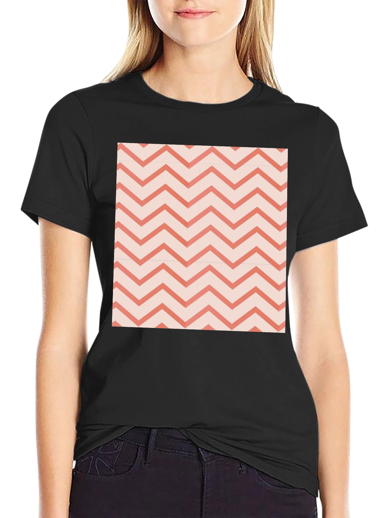 Black Men's Black Tee with Coral Chevron Pattern view 2