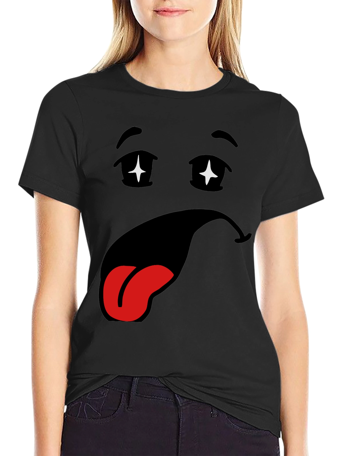 Black Funny Cartoon Face Black T-Shirt view 2