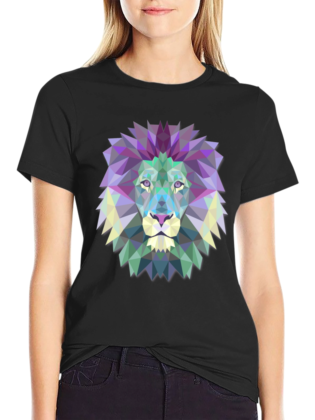 Black Geometric Lion Graphic Tee - Modern Art Shirt view 2