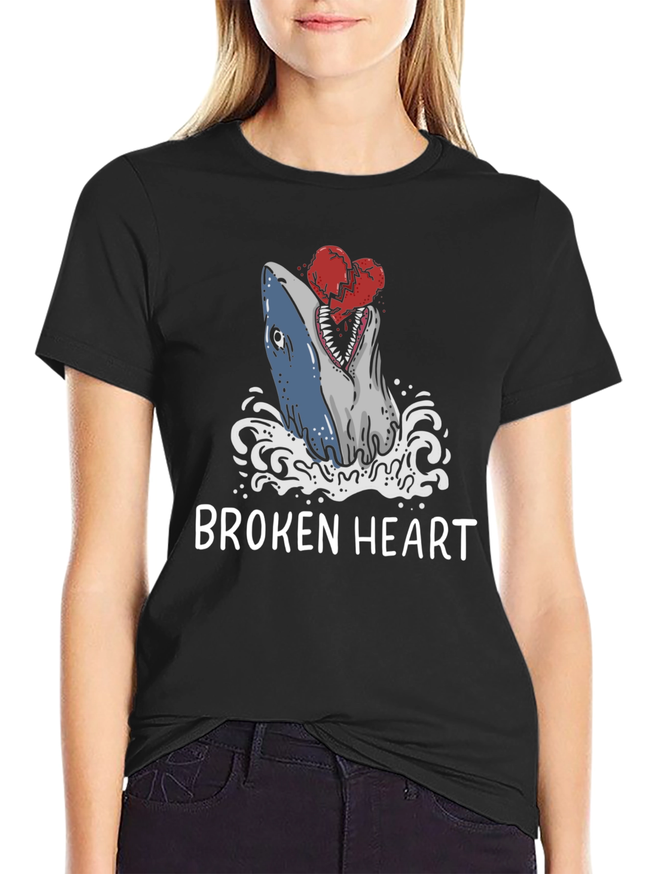 Black Broken Heart Shark T-Shirt - Novelty Graphic Tee view 2