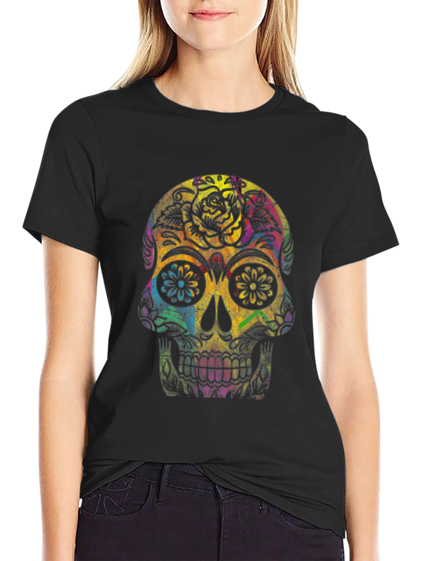 Black Colorful Sugar Skull Graphic Tee view 2