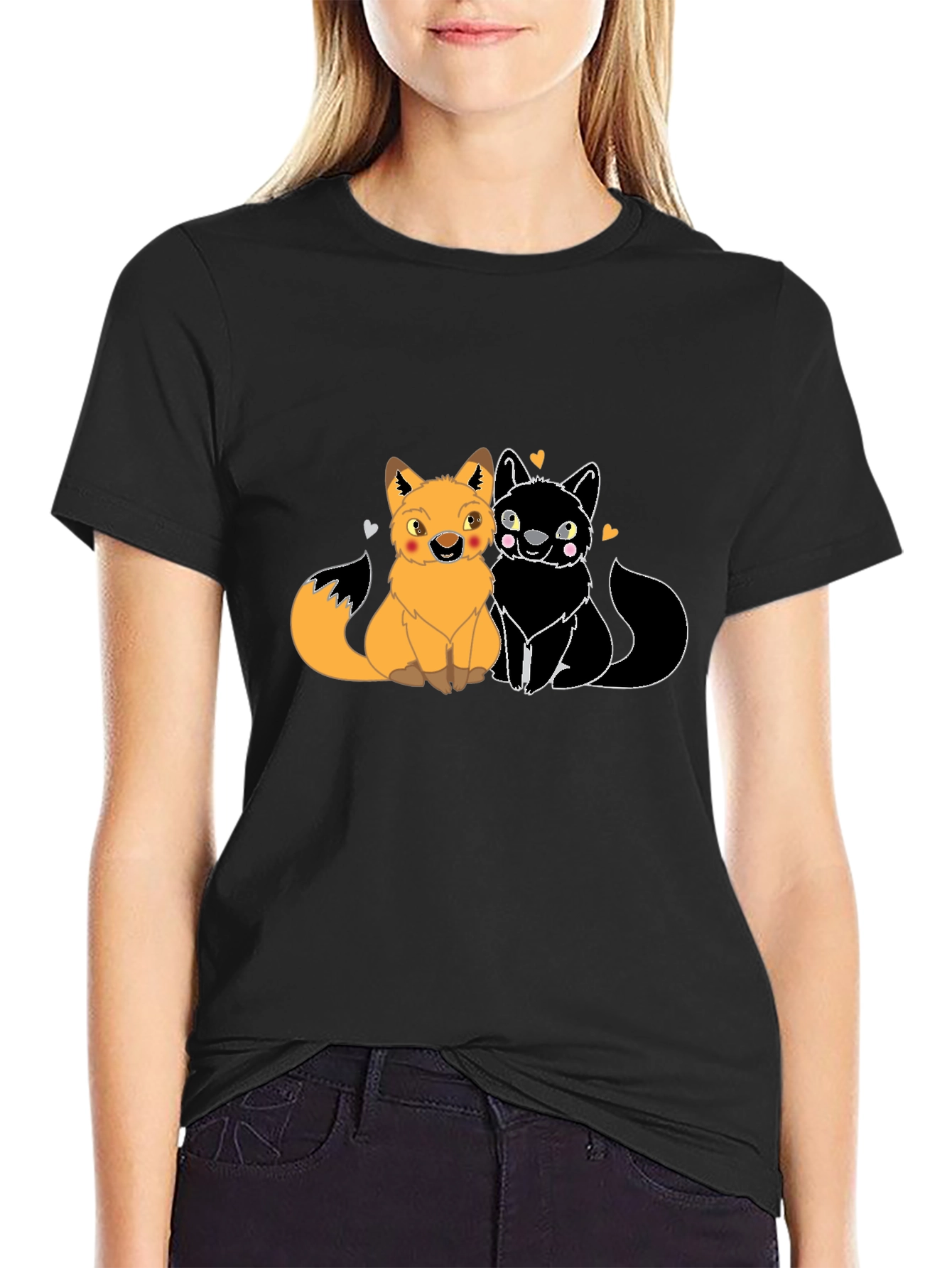Black Cute Foxes in Love Graphic T-Shirt - Black view 2