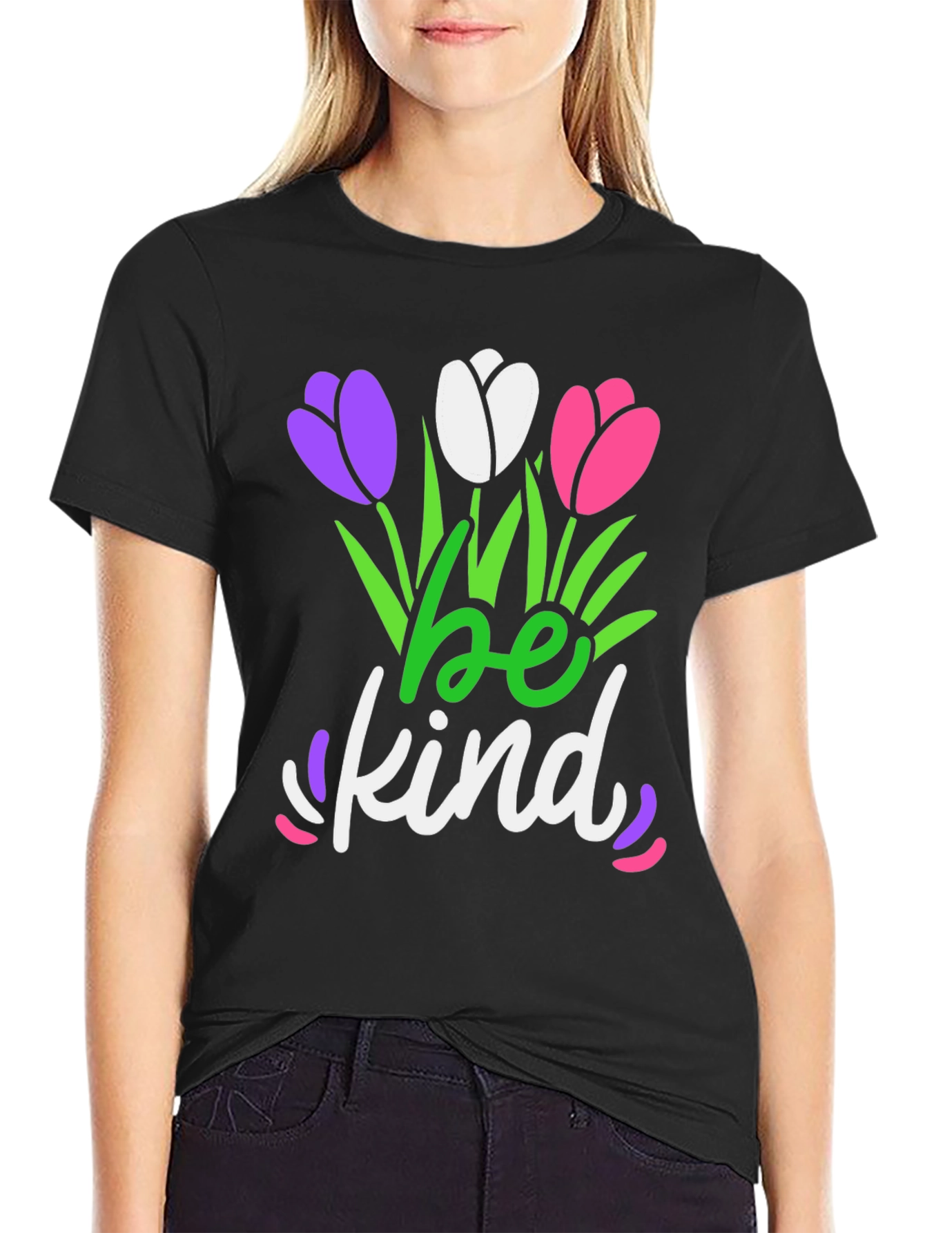 Black Be Kind T-Shirt - Floral Design - Black Tee view 2