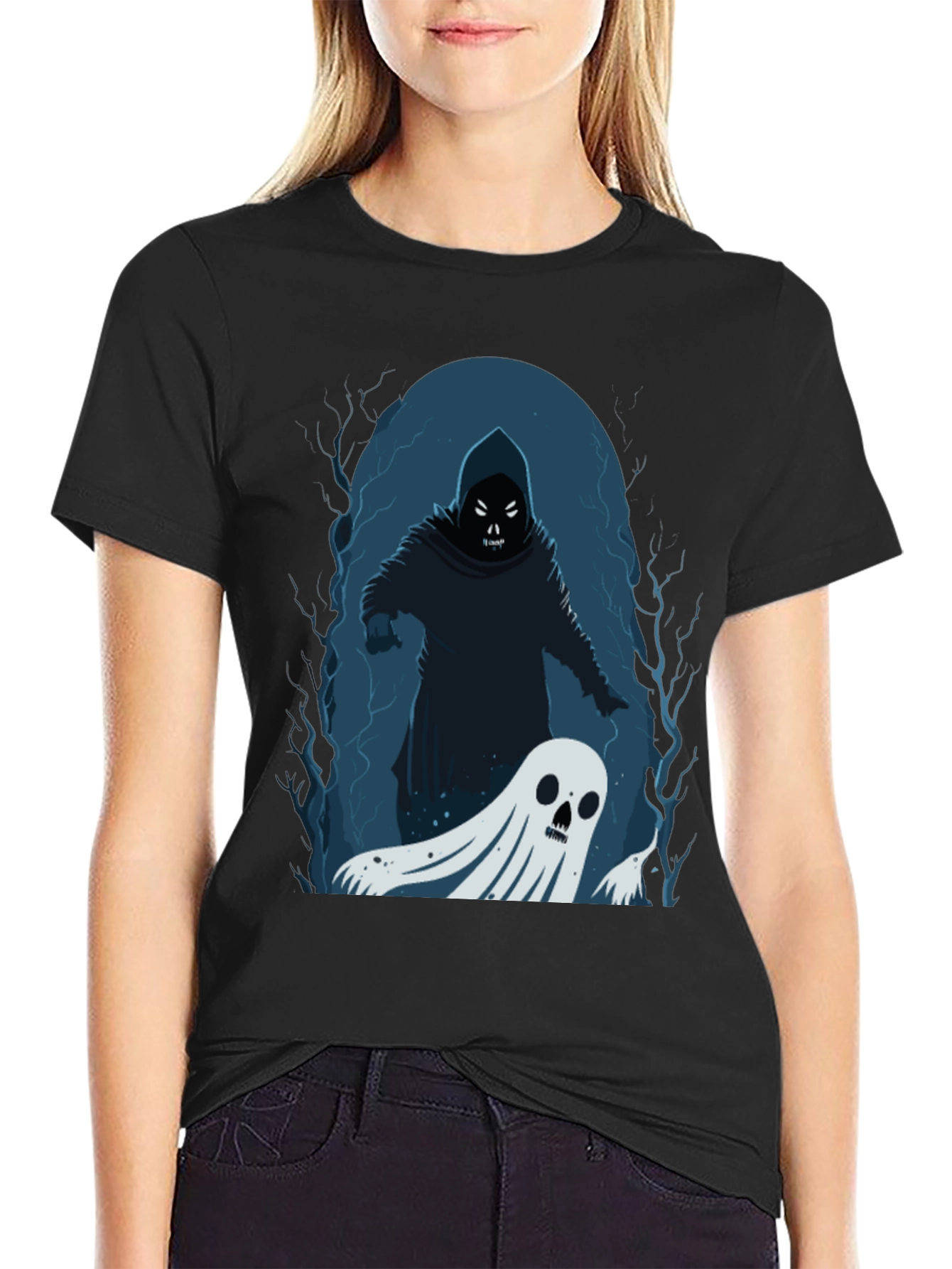 Black Spooky Grim Reaper & Ghost Black T-Shirt view 2