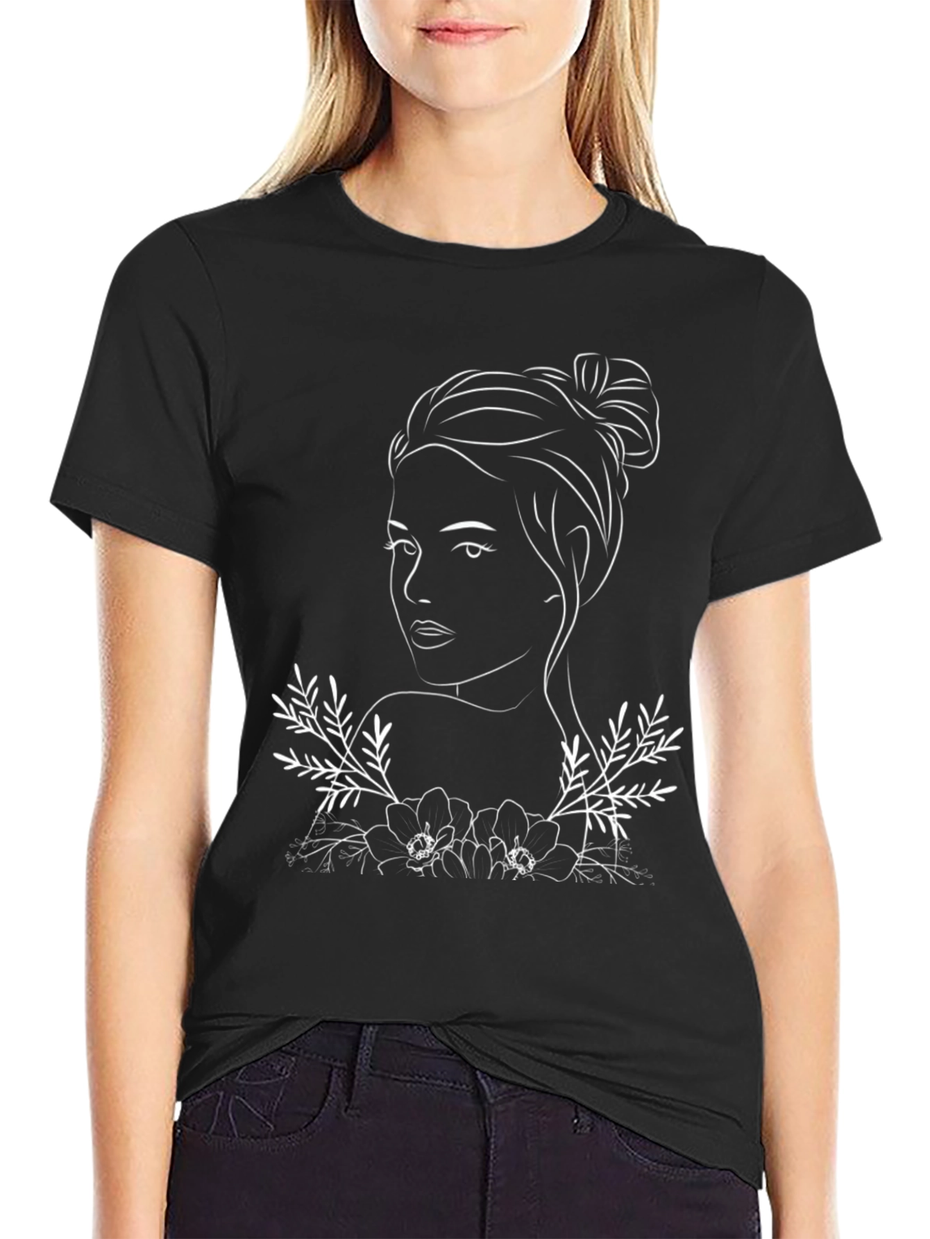 Black Woman Line Art T-Shirt - Black view 2