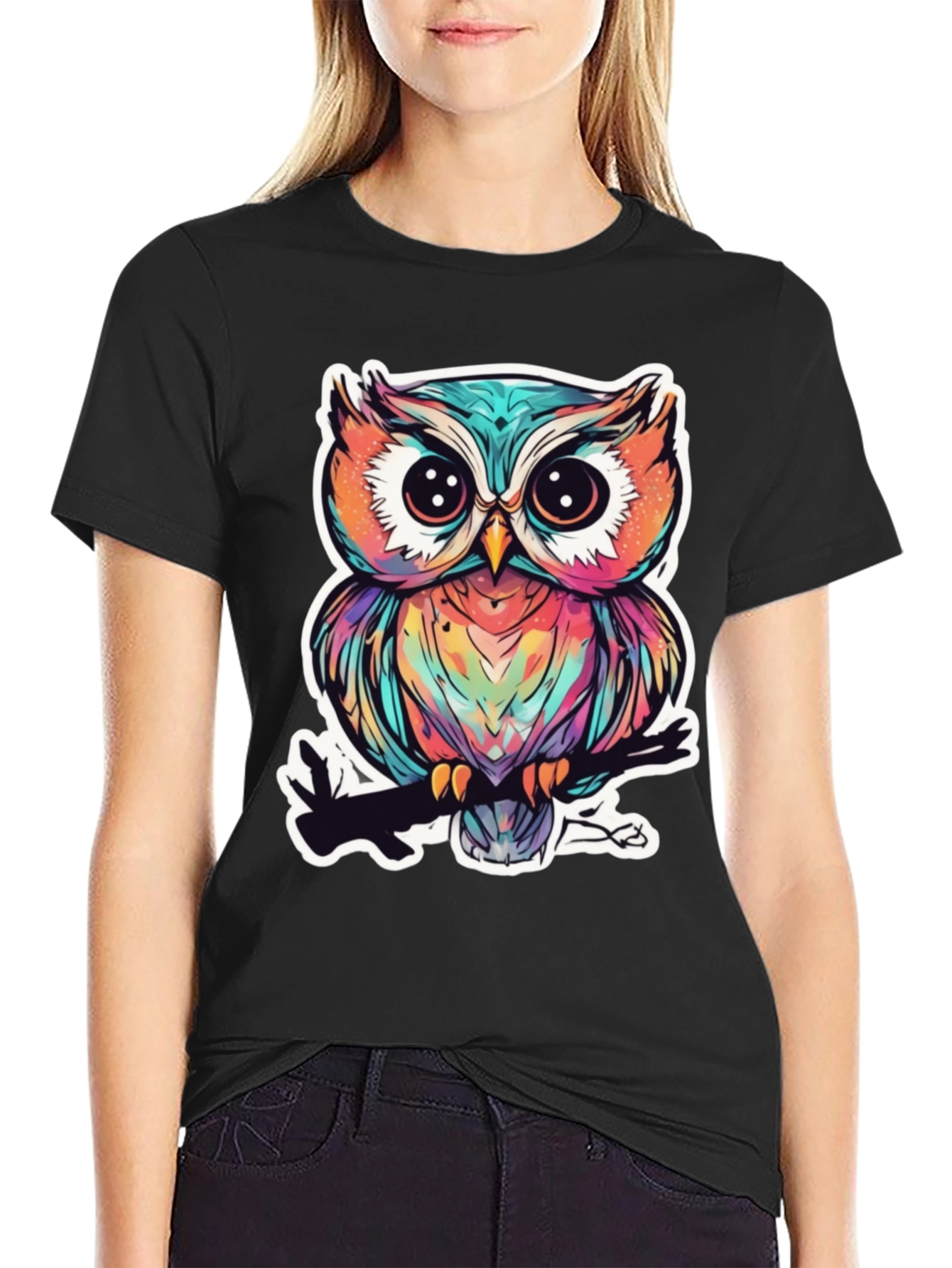 Black Colorful Owl Graphic Tee - Unique Bird Design view 2