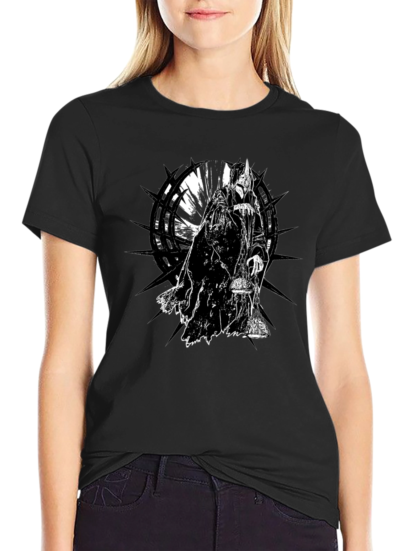 Black Men's Black T-Shirt with Fantasy Grim Reaper Design view 2