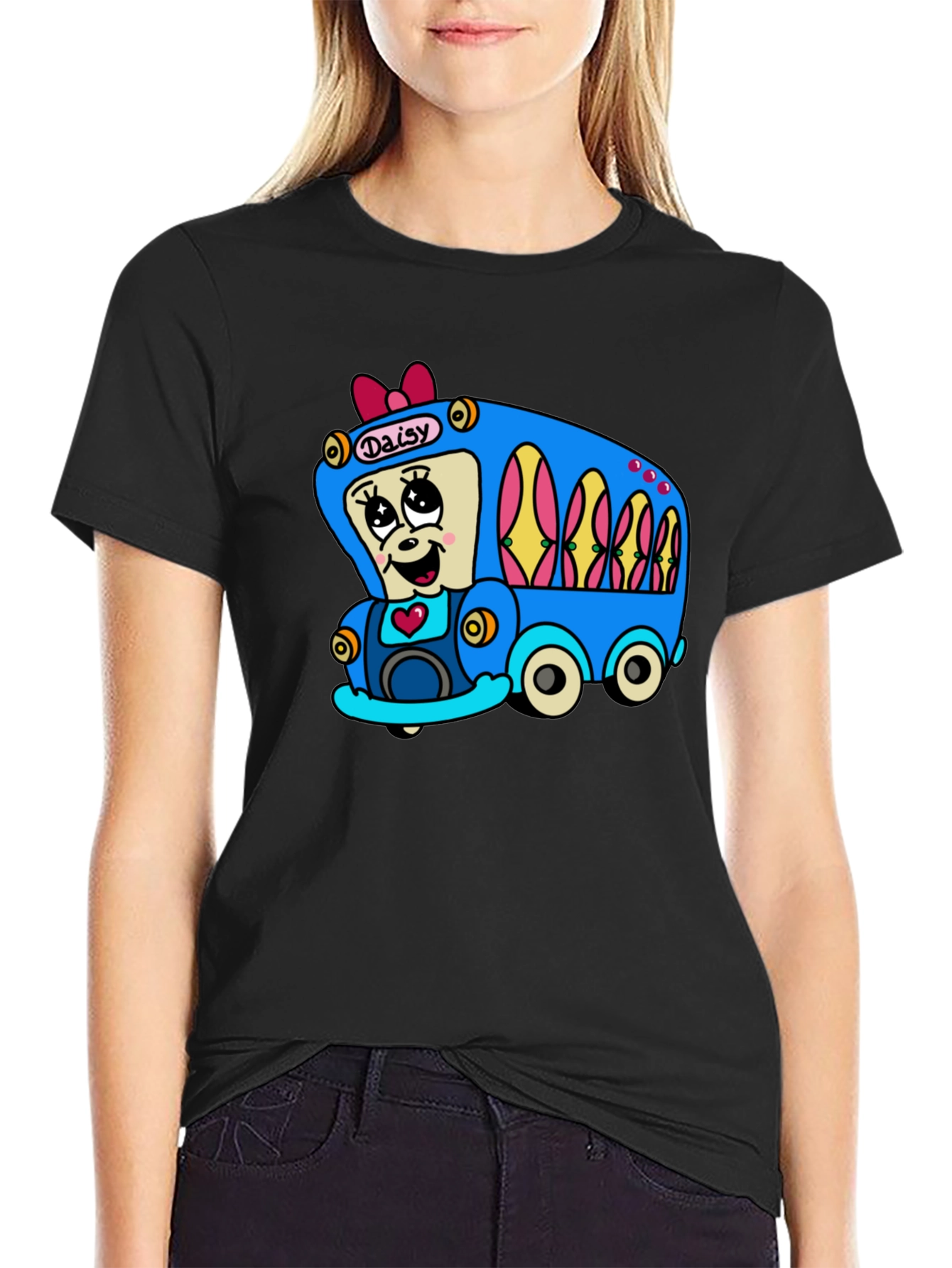 Black Daisy Bus Cartoon T-Shirt - Fun & Unique Graphic Tee view 2