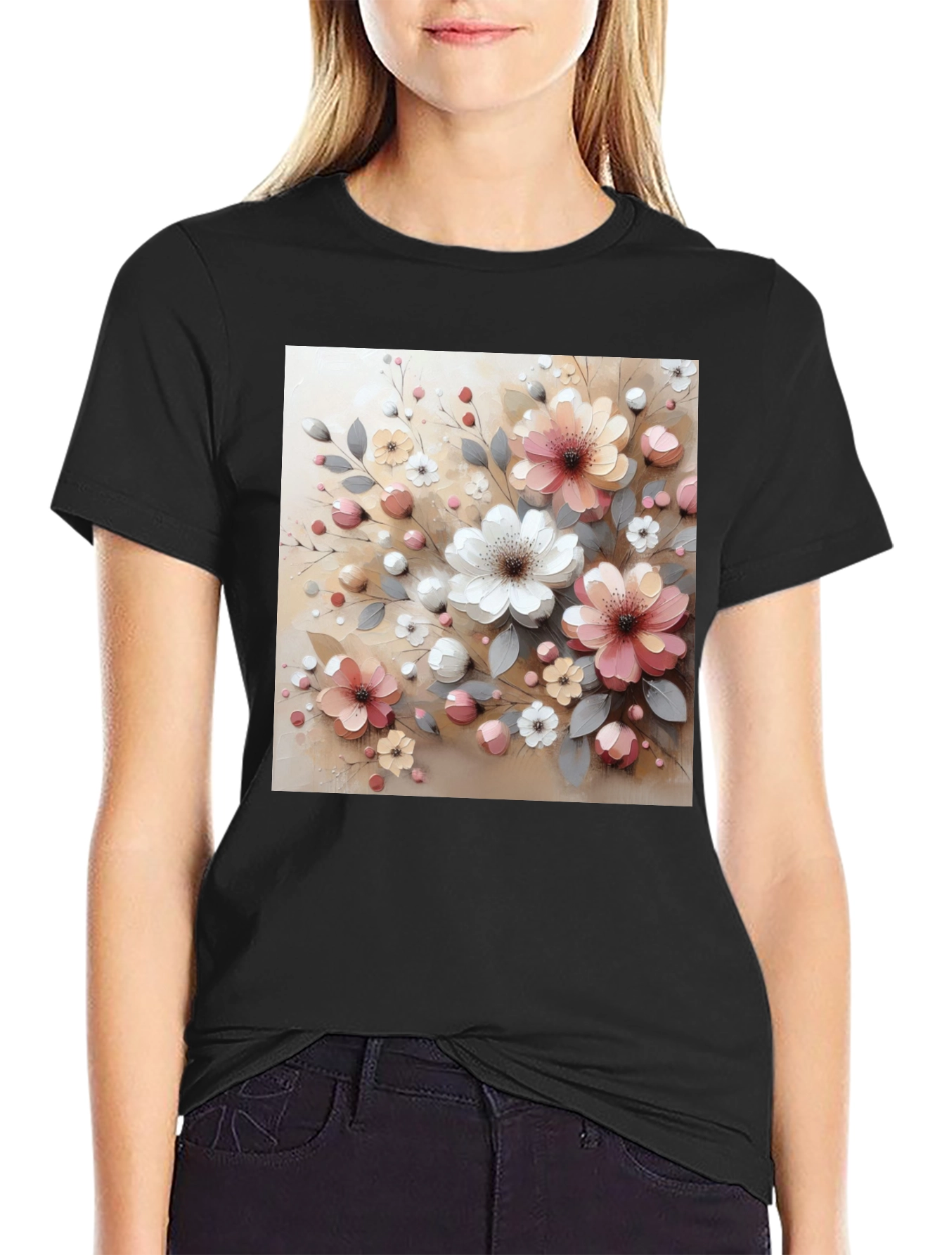 Black Floral Print Black T-Shirt - Stylish & Comfortable view 2