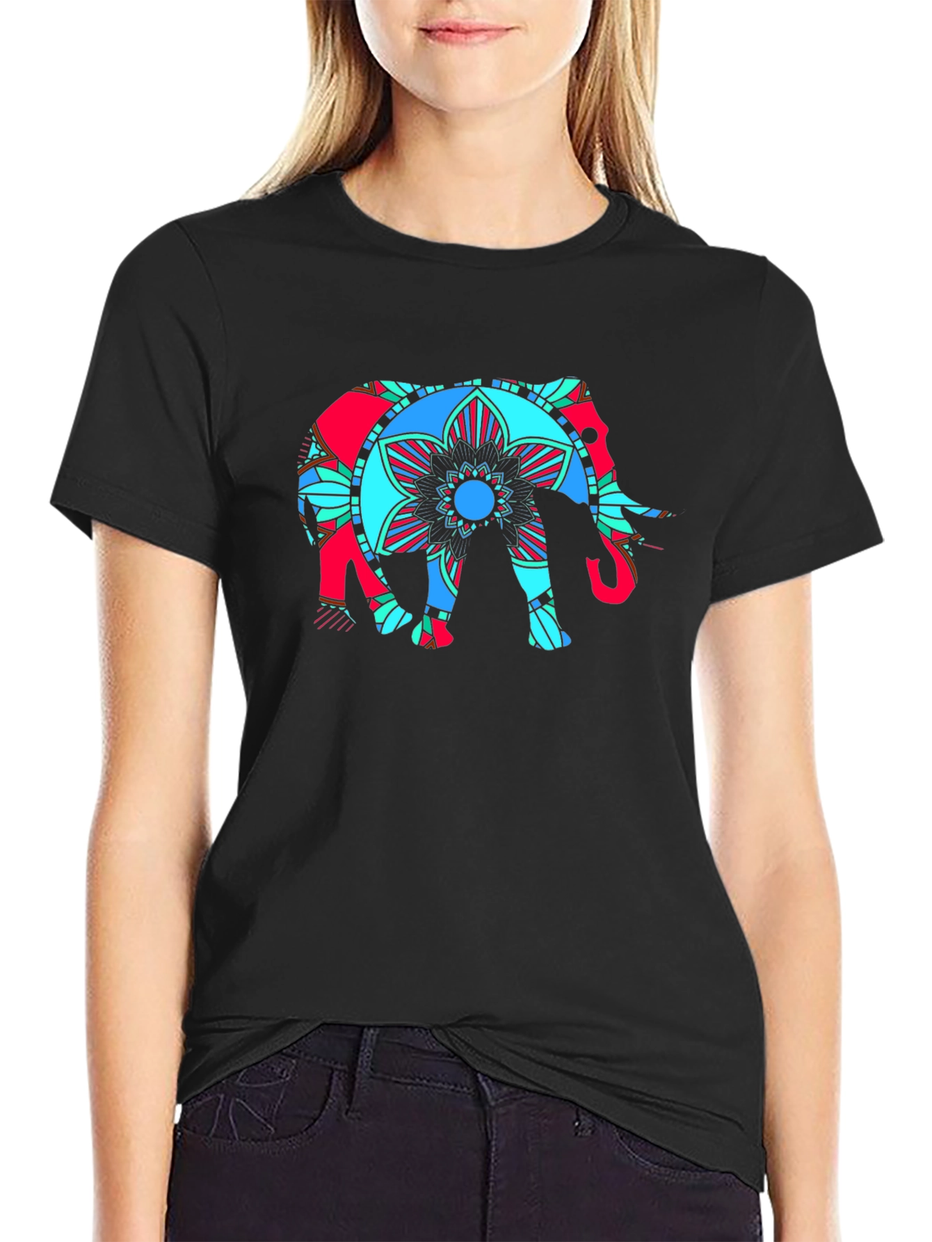 Black Elephant Mandala Graphic T-Shirt view 2