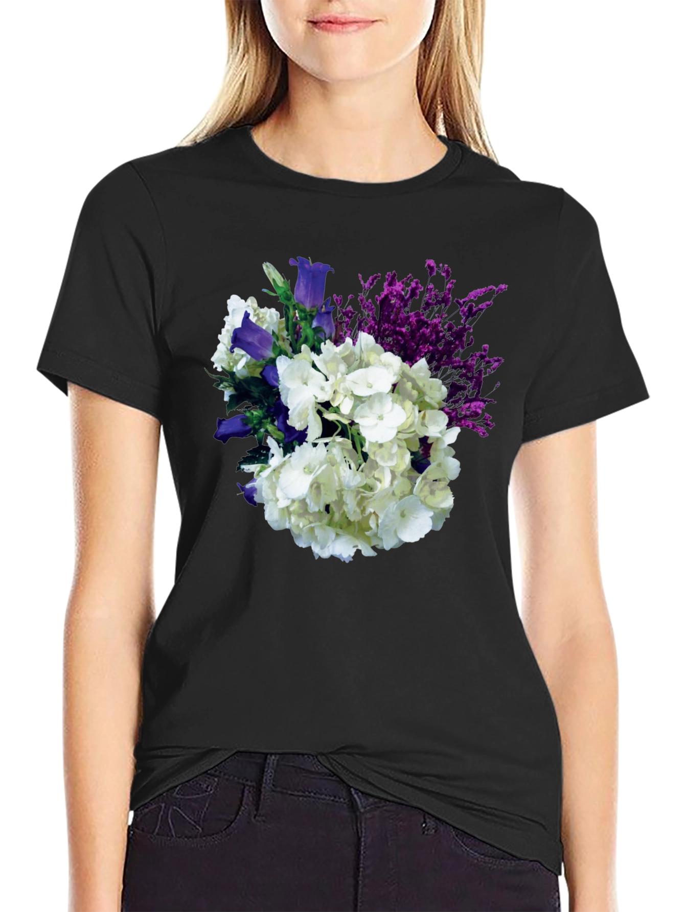 Black Floral Bouquet T-Shirt - Black Cotton Tee view 2