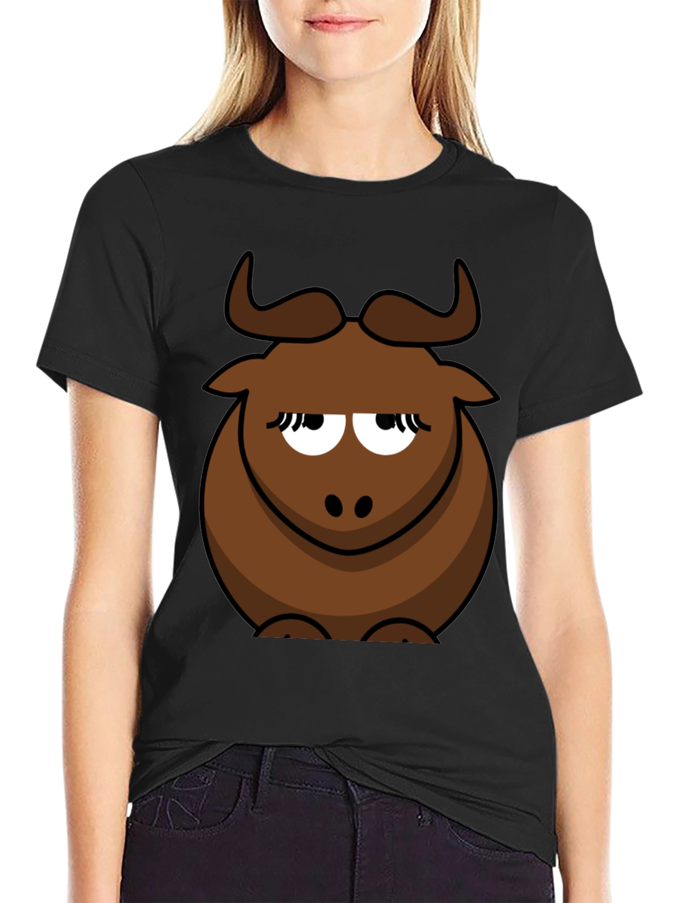 Black Funny Cartoon Bull Graphic T-Shirt - Unisex Black Tee view 2