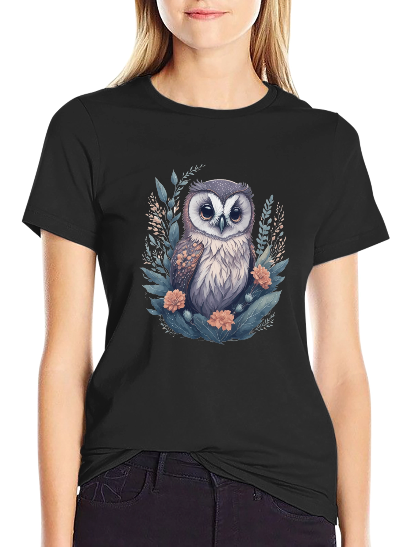 Black Cute Owl Floral Graphic Print Black T-Shirt view 2