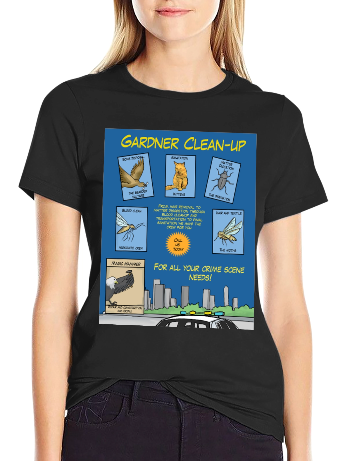 Black Gardner Clean-Up T-Shirt - Crime Scene Cartoon view 2