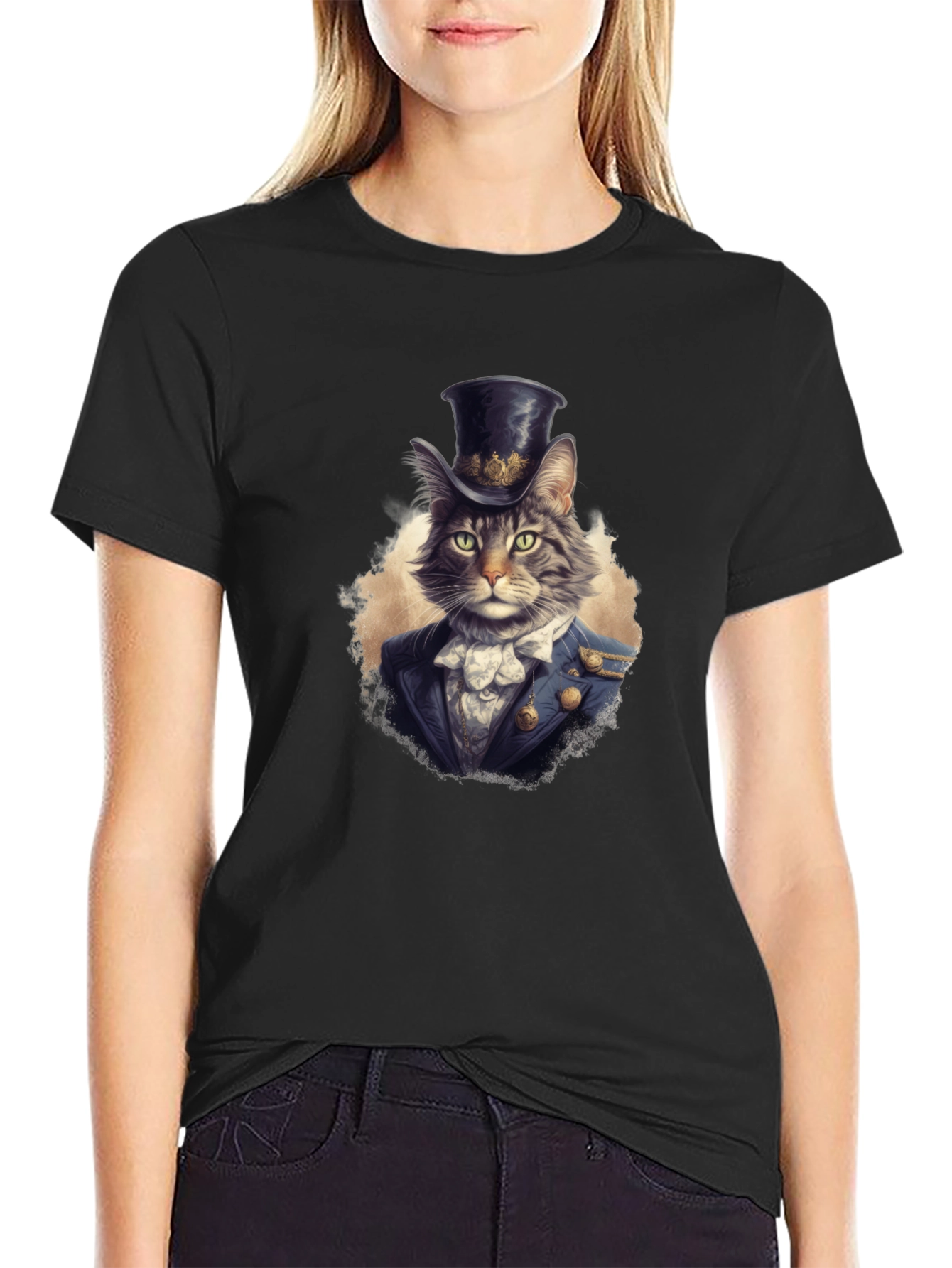 Black Dapper Cat Top Hat Graphic Tee view 2
