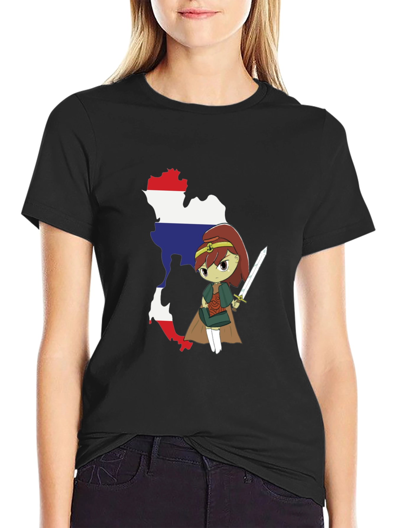 Black Thailand Flag Anime Girl Black T-Shirt view 2