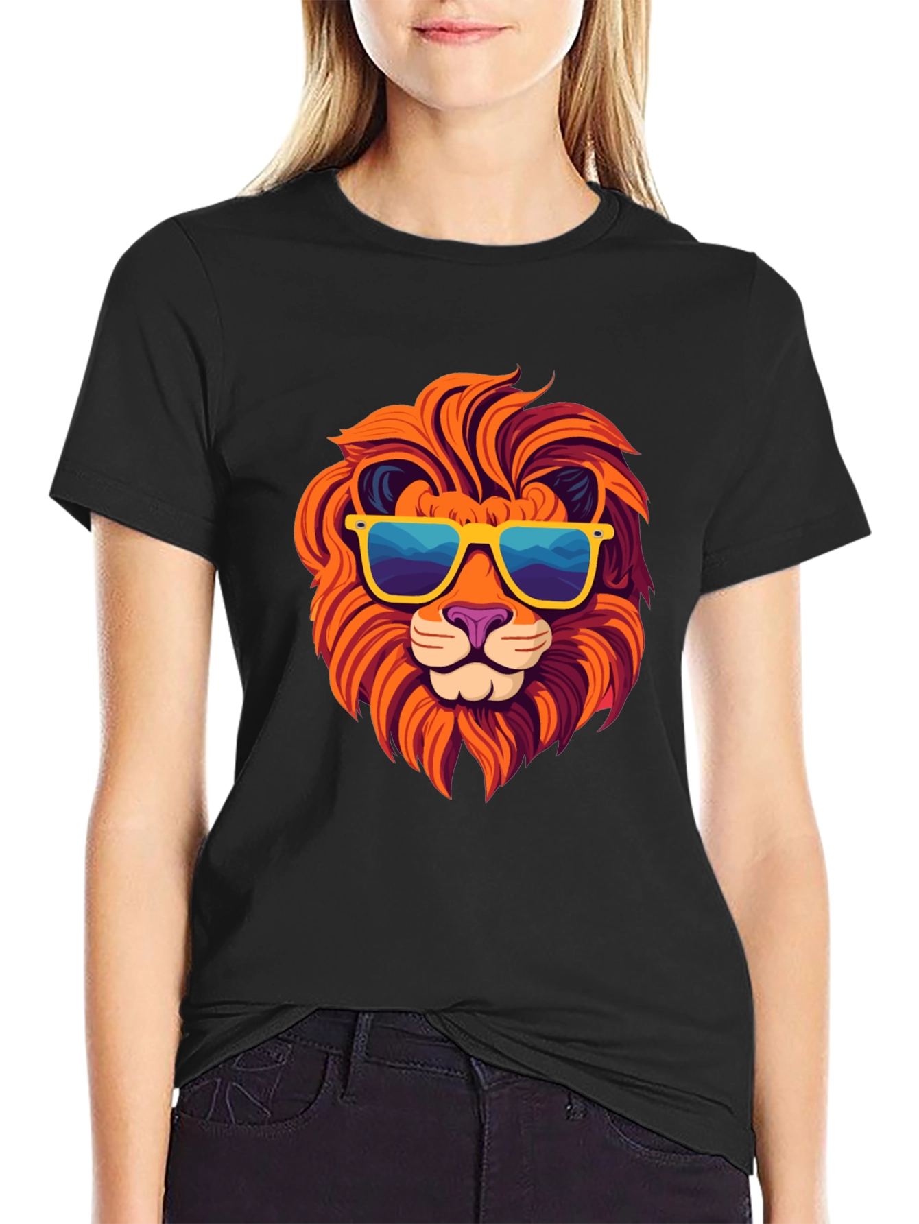 Black Cool Lion Graphic Tee - Black Cotton T-Shirt view 2