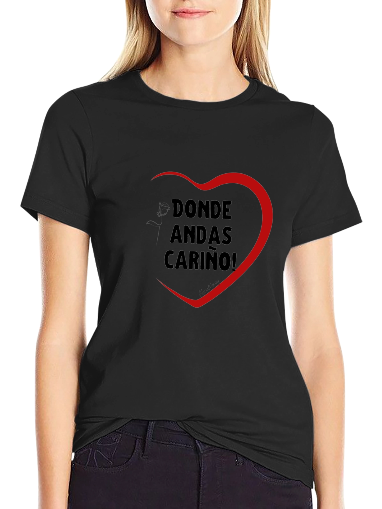 Black Donde Andas Carino! Heart Graphic T-Shirt view 2