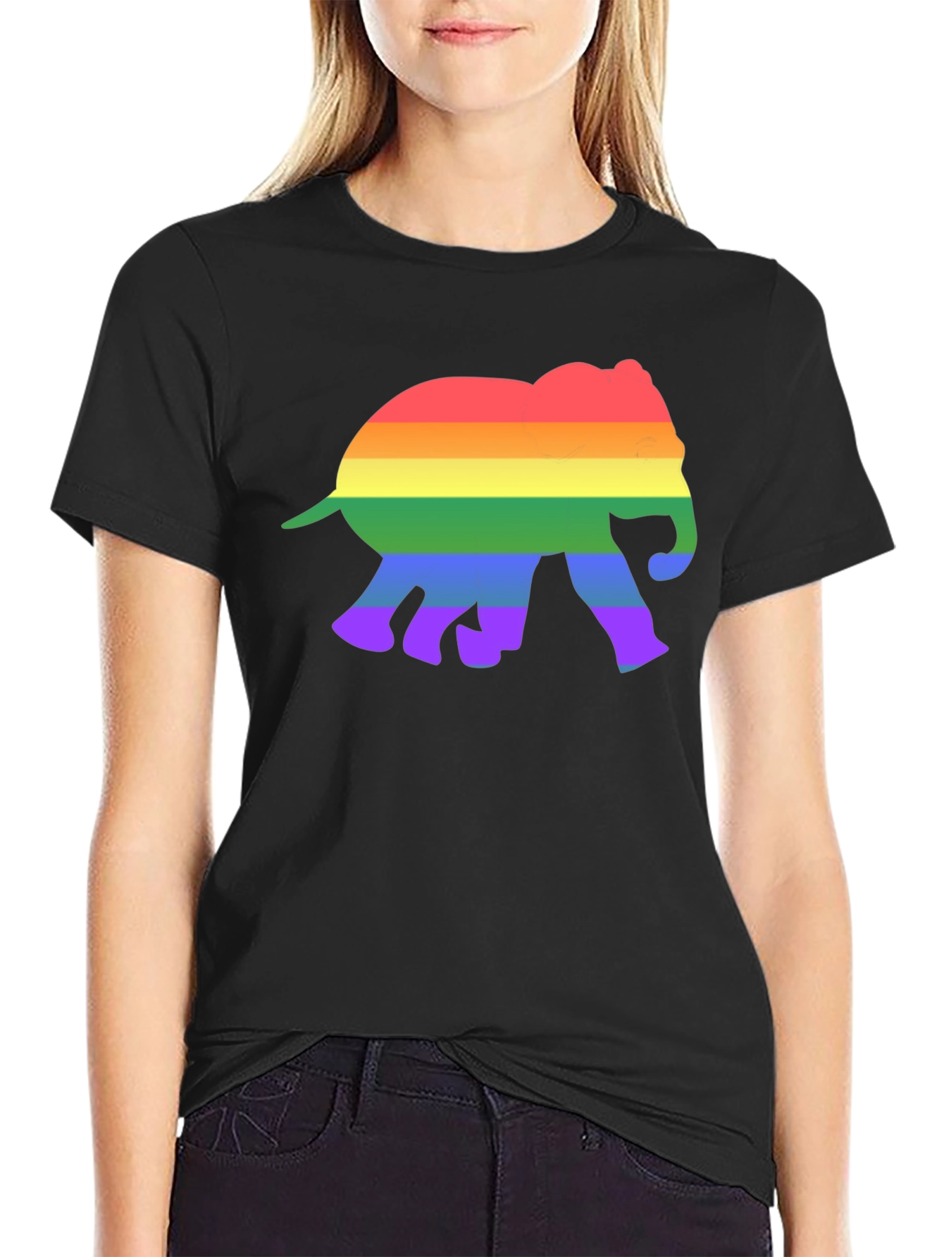 Black Rainbow Elephant Graphic Tee - Black Cotton T-Shirt view 2