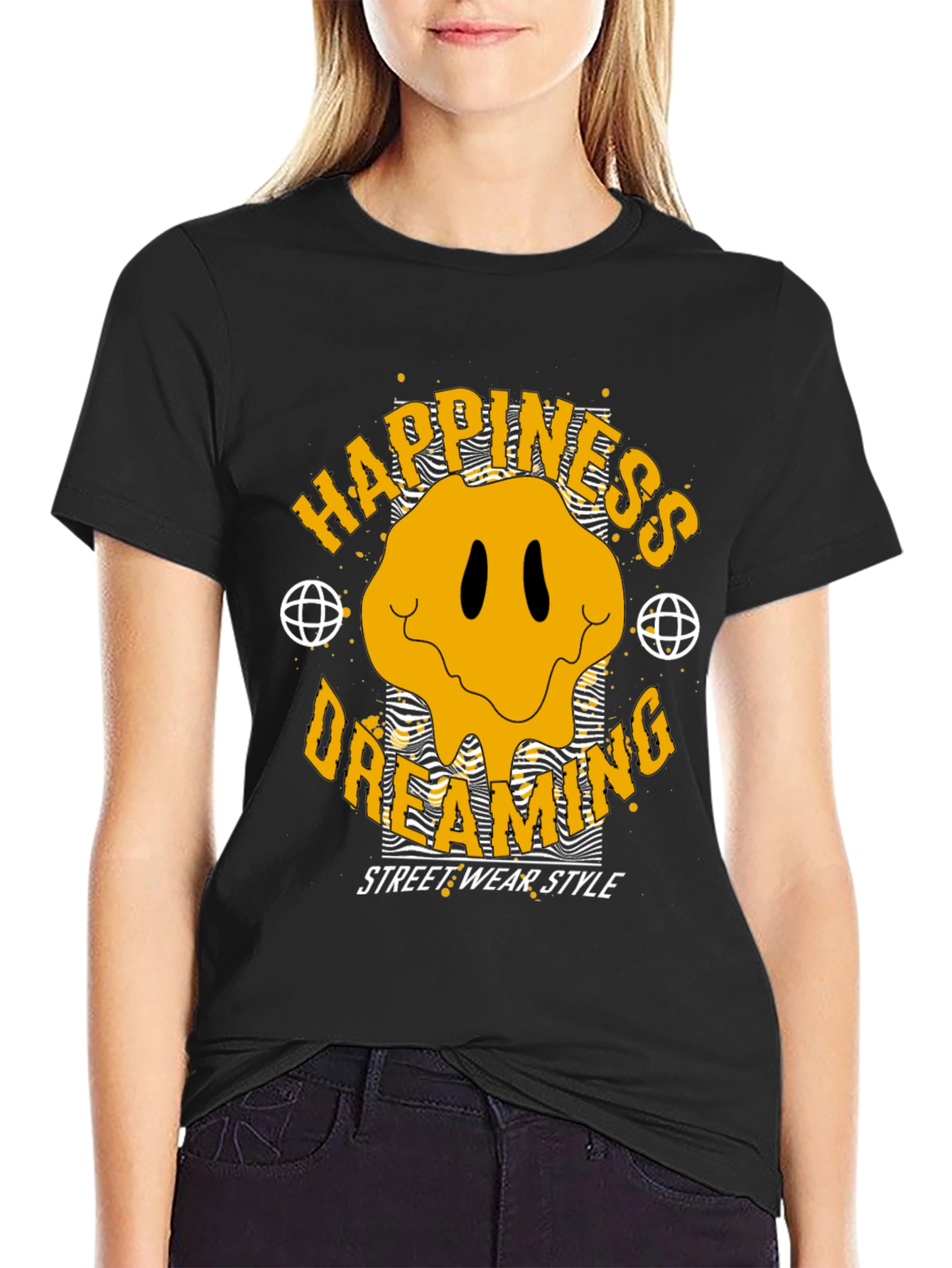 Black Happiness Dreaming Graphic T-Shirt view 2