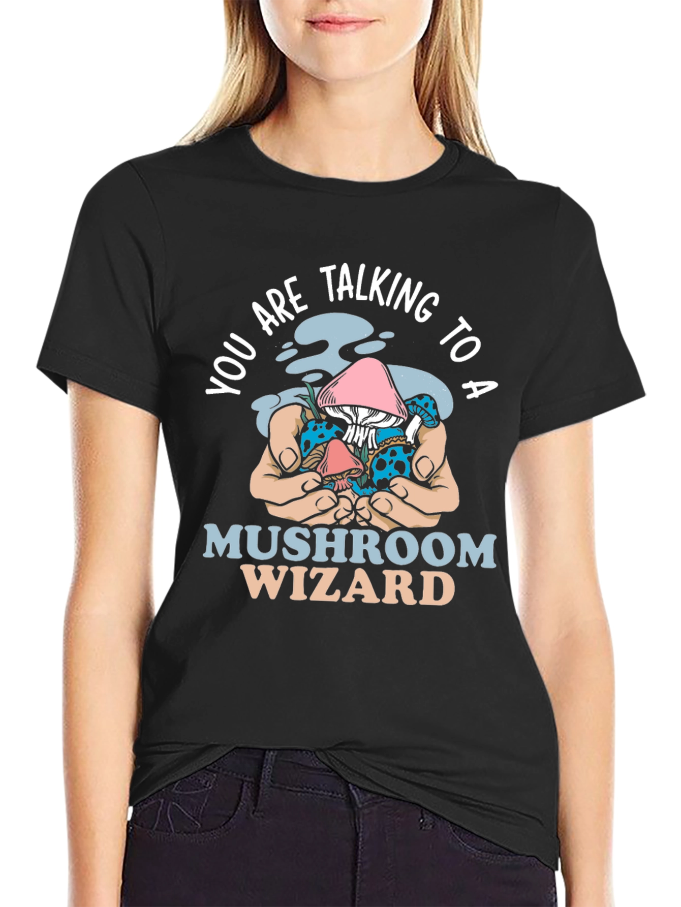 Black Mushroom Wizard Graphic Tee - Unique Design view 2