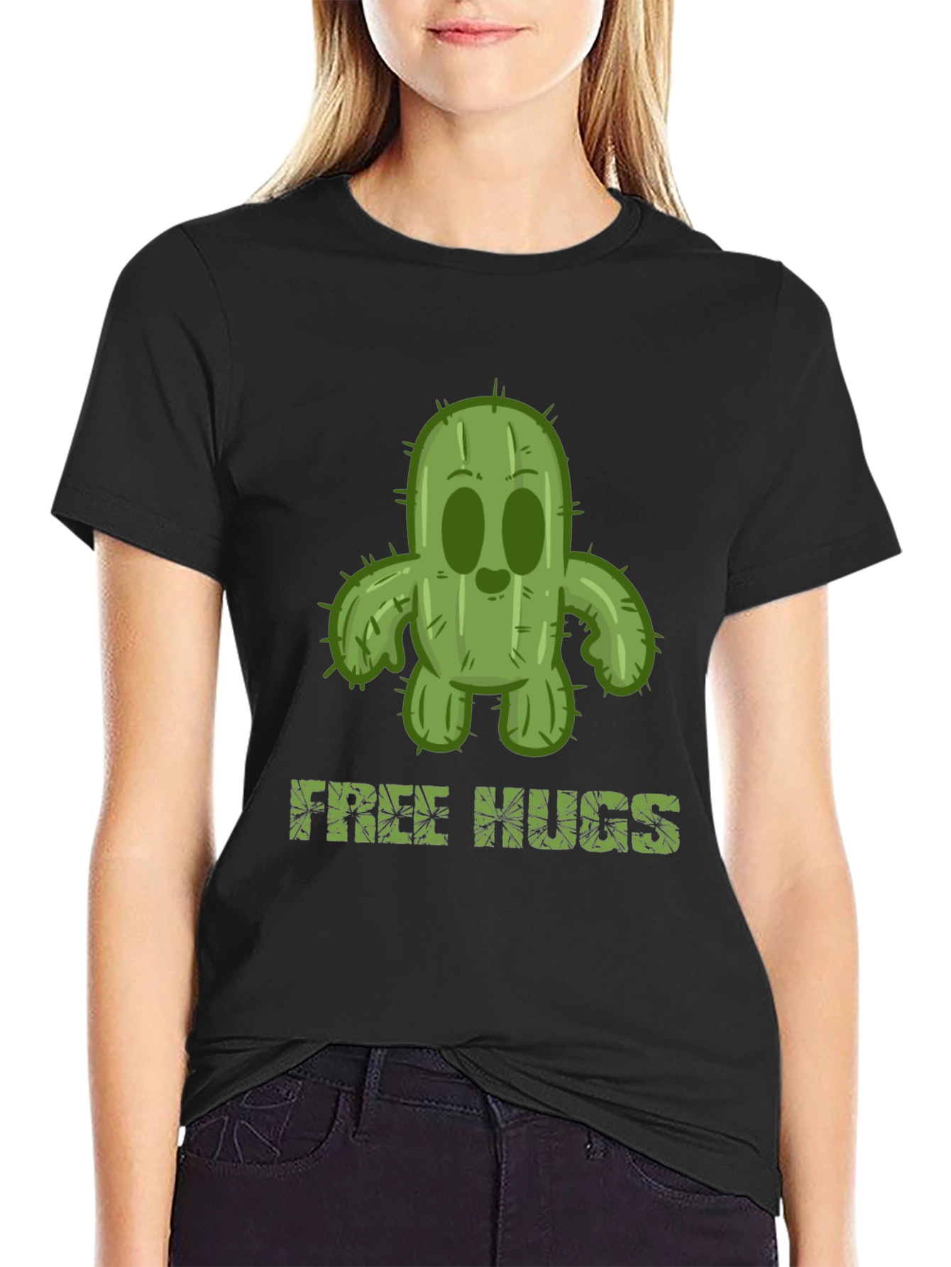 Black Free Hugs Cactus T-Shirt - Unisex Black Tee view 2