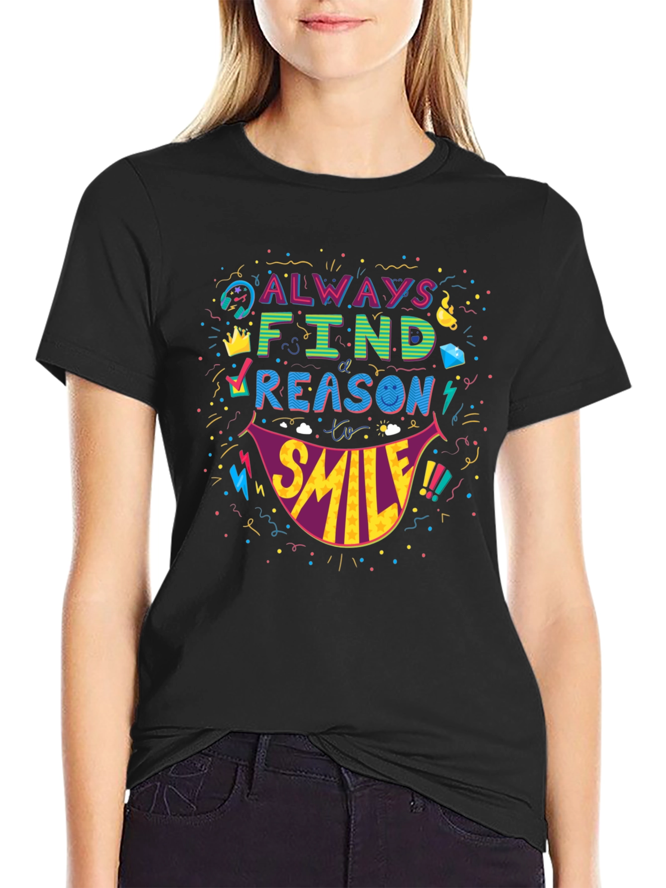 Black Always Find A Reason To Smile T-Shirt - Fun Graphic Tee view 2