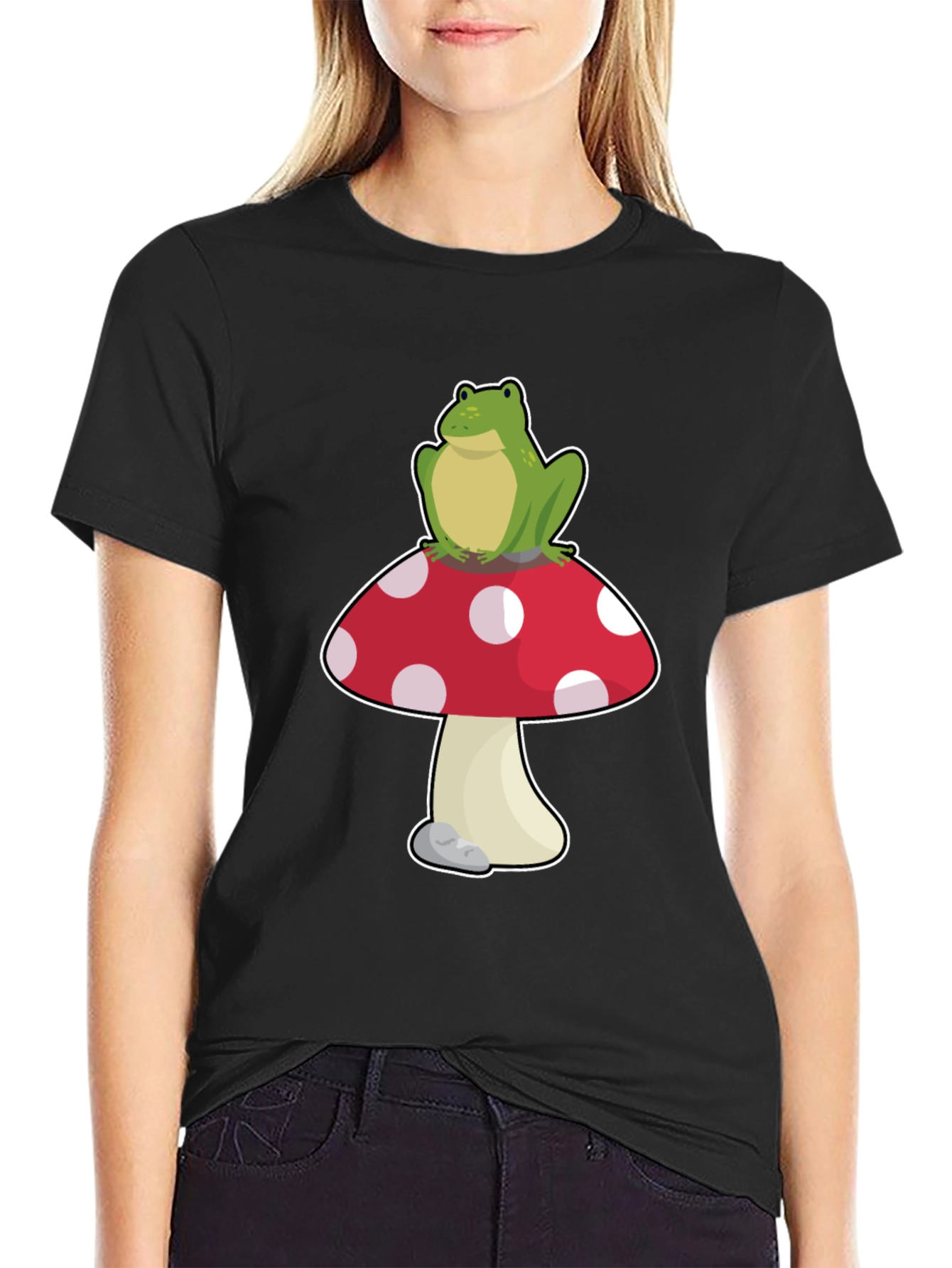 Black Frog on Mushroom T-Shirt - Black Cotton Tee view 2