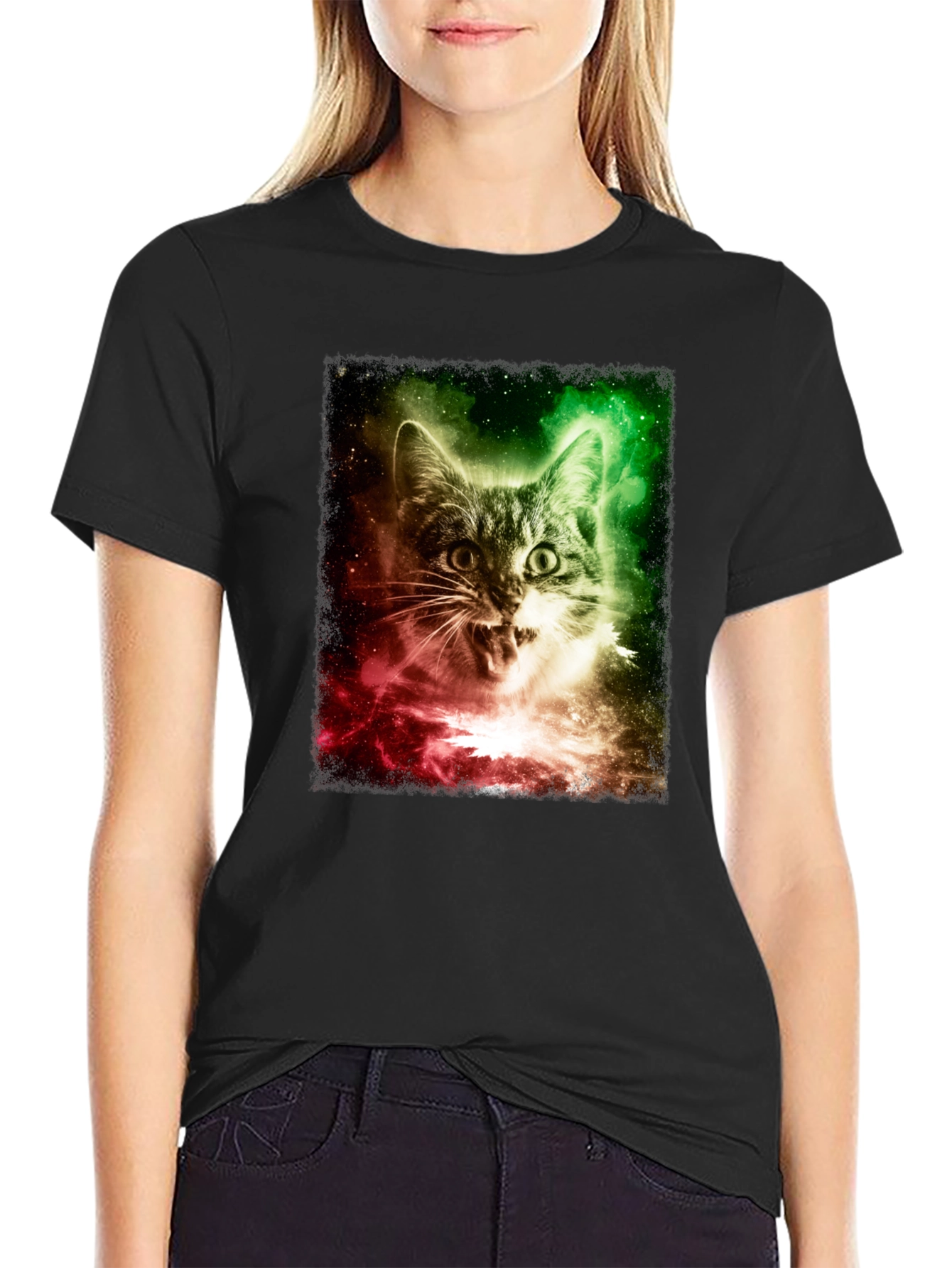 Black Galaxy Cat Graphic Tee - Men's Black T-Shirt view 2