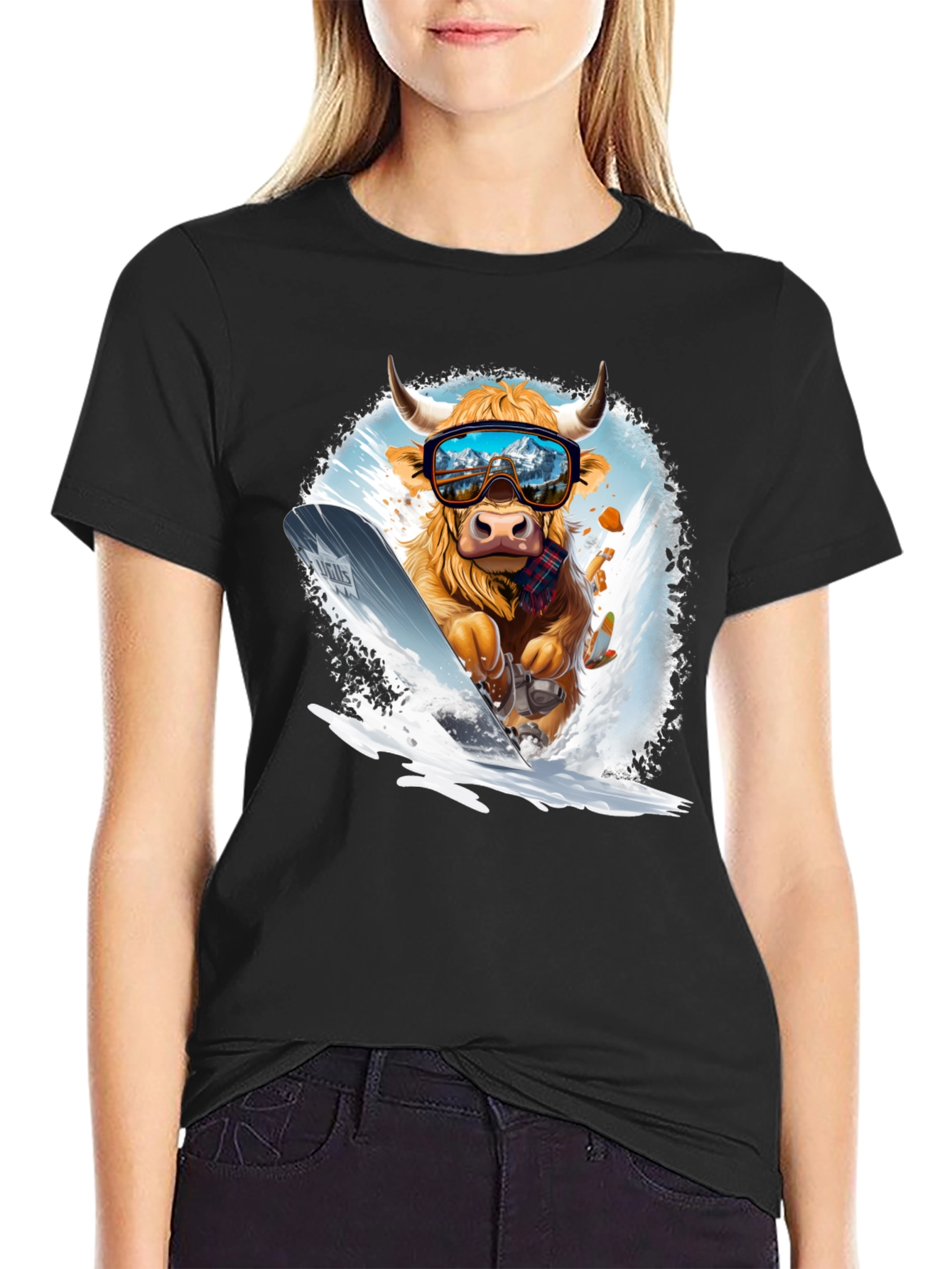 Black Skiing Cow Graphic Tee view 2