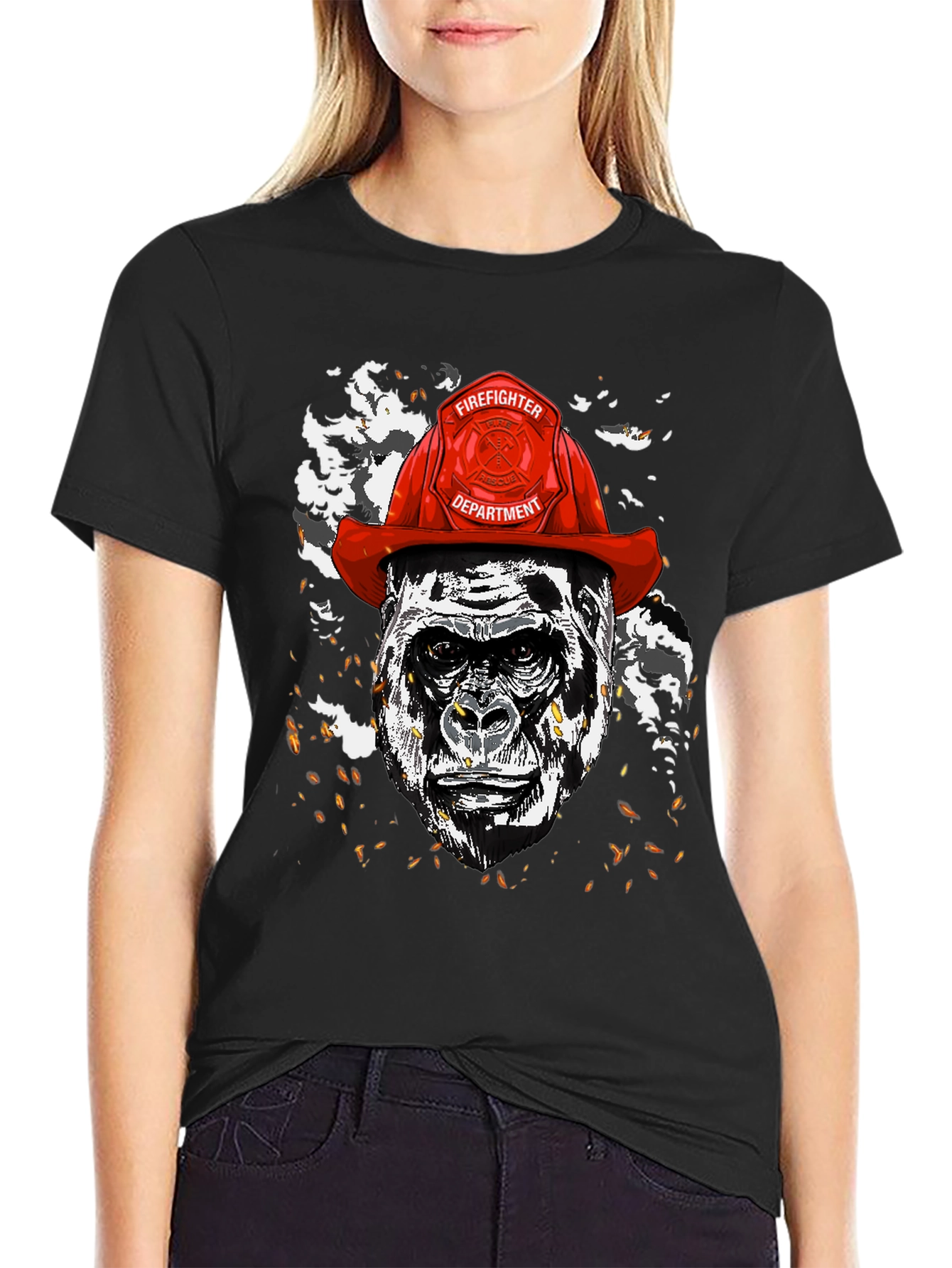 Black Gorilla Firefighter Graphic T-Shirt - Novelty Design view 2