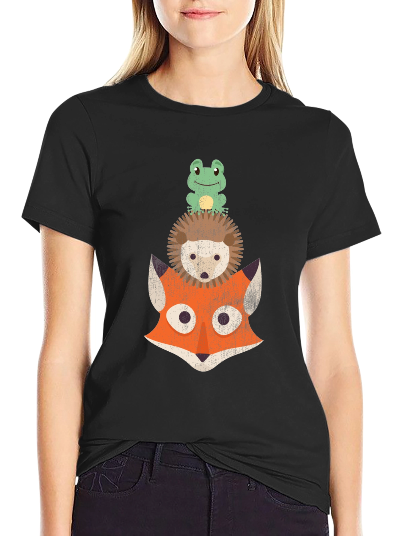 Black Stacked Animal Tee: Frog, Hedgehog, and Fox Design T-Shirt view 2