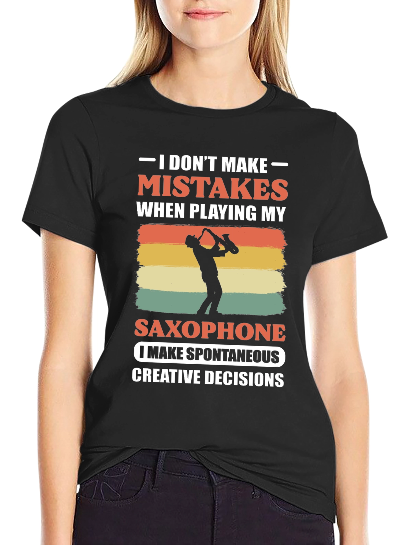 Black Saxophone Player T-Shirt: No Mistakes, Just Decisions view 2