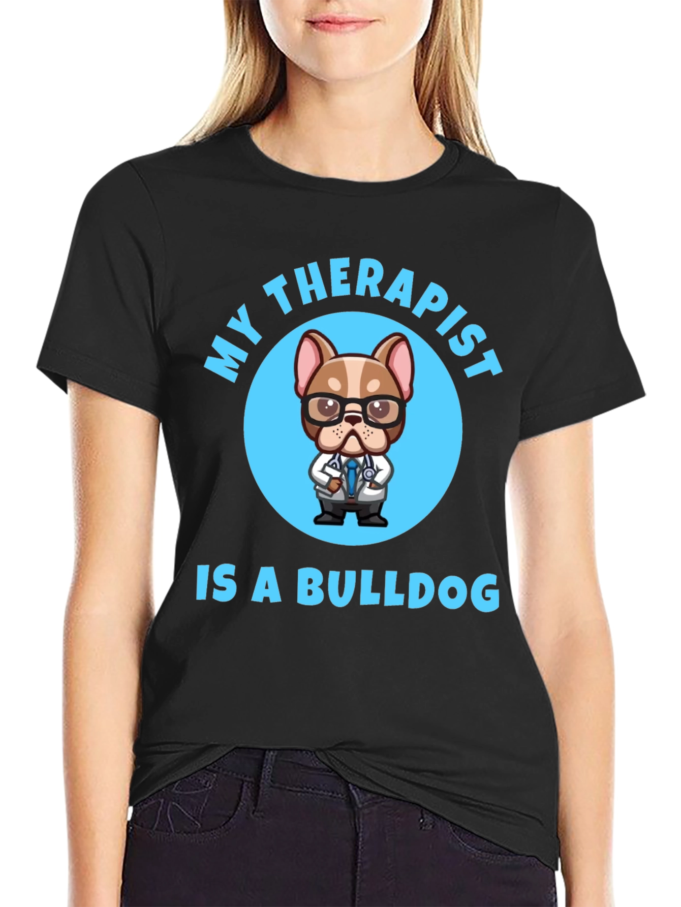 Black My Therapist is a Bulldog T-Shirt view 2