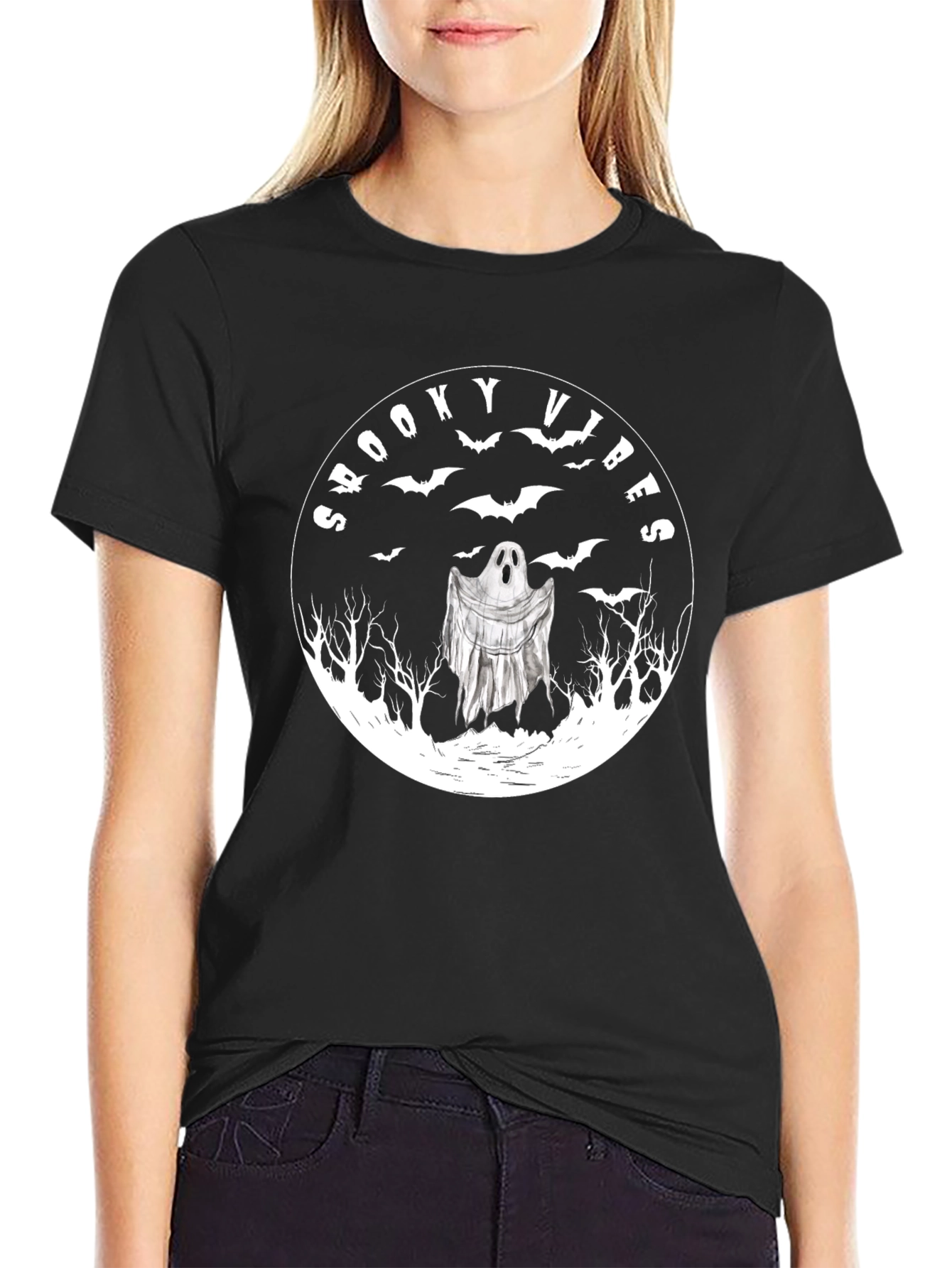 Black Spooky Vibes Ghost Graphic T-Shirt view 2