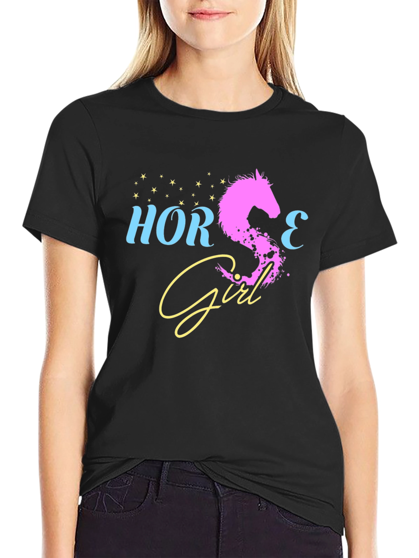 Black Horse Girl Graphic Tee - Black Cotton T-Shirt view 2
