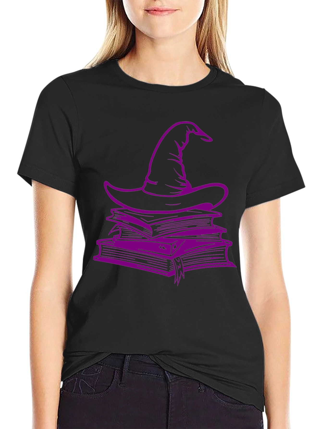 Black Witch Hat & Books T-Shirt - Spooky Season Style view 2