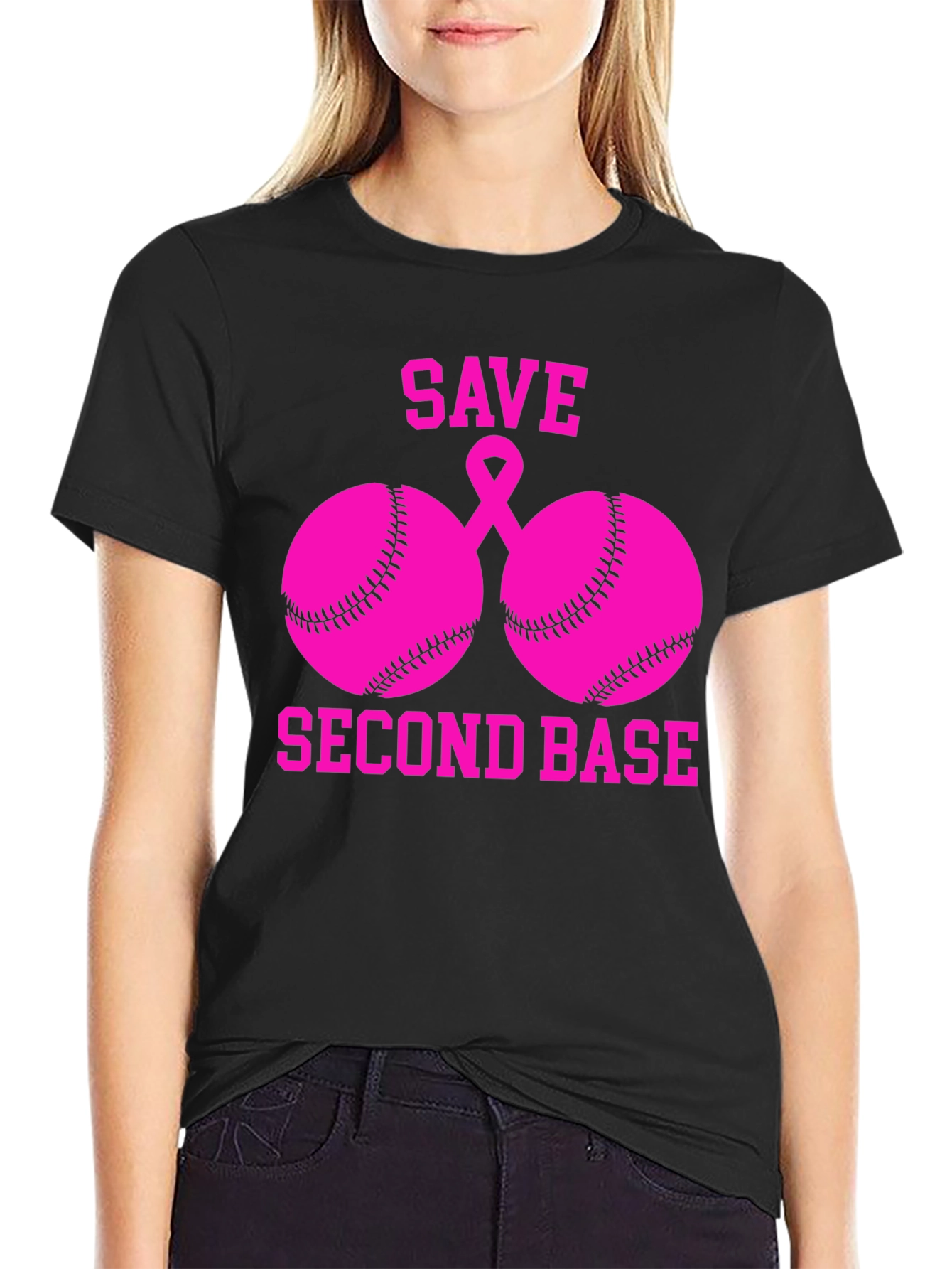 Black Save Second Base Breast Cancer Awareness T-Shirt view 2