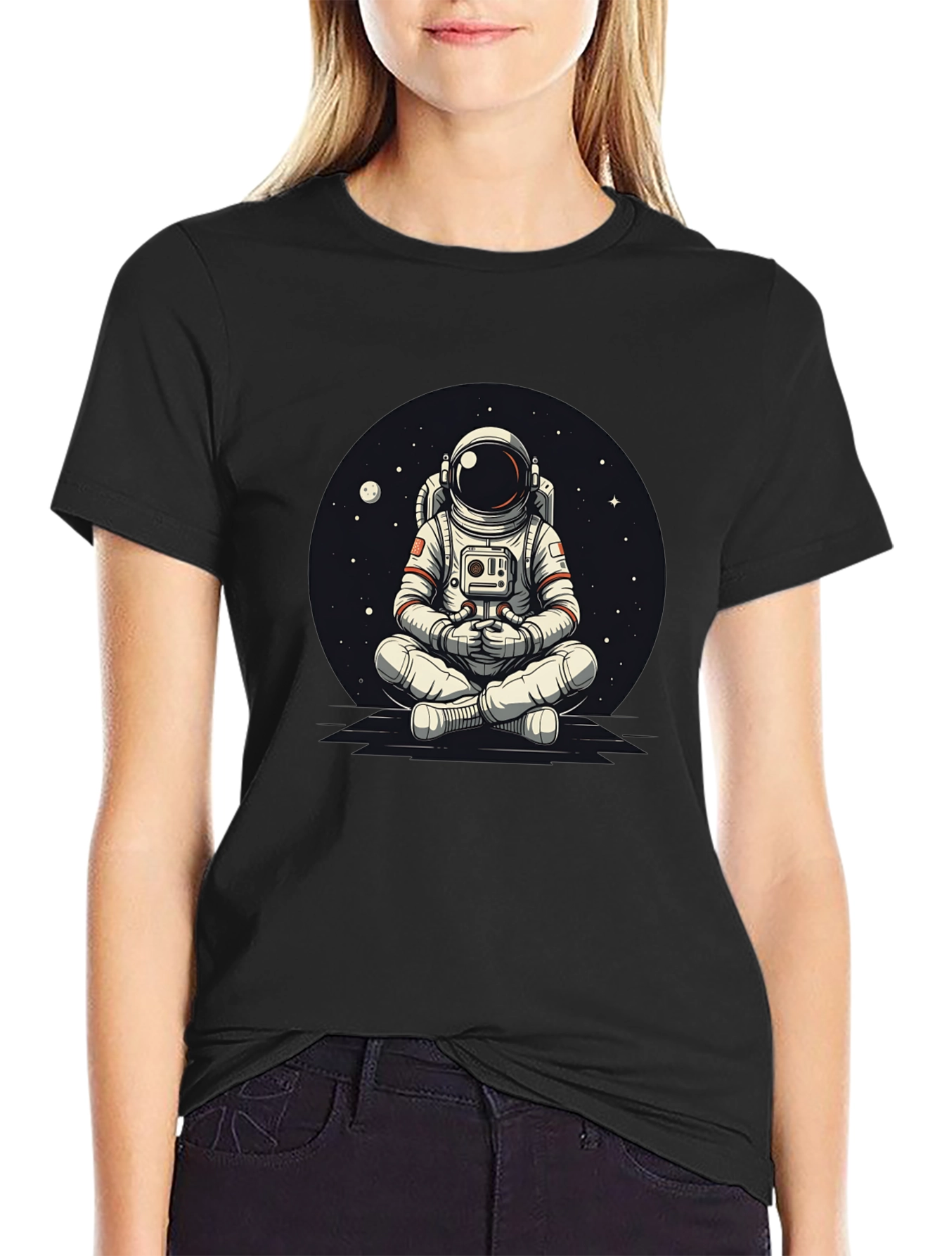 Black Meditating Astronaut Graphic Tee - Cool Space Design view 2