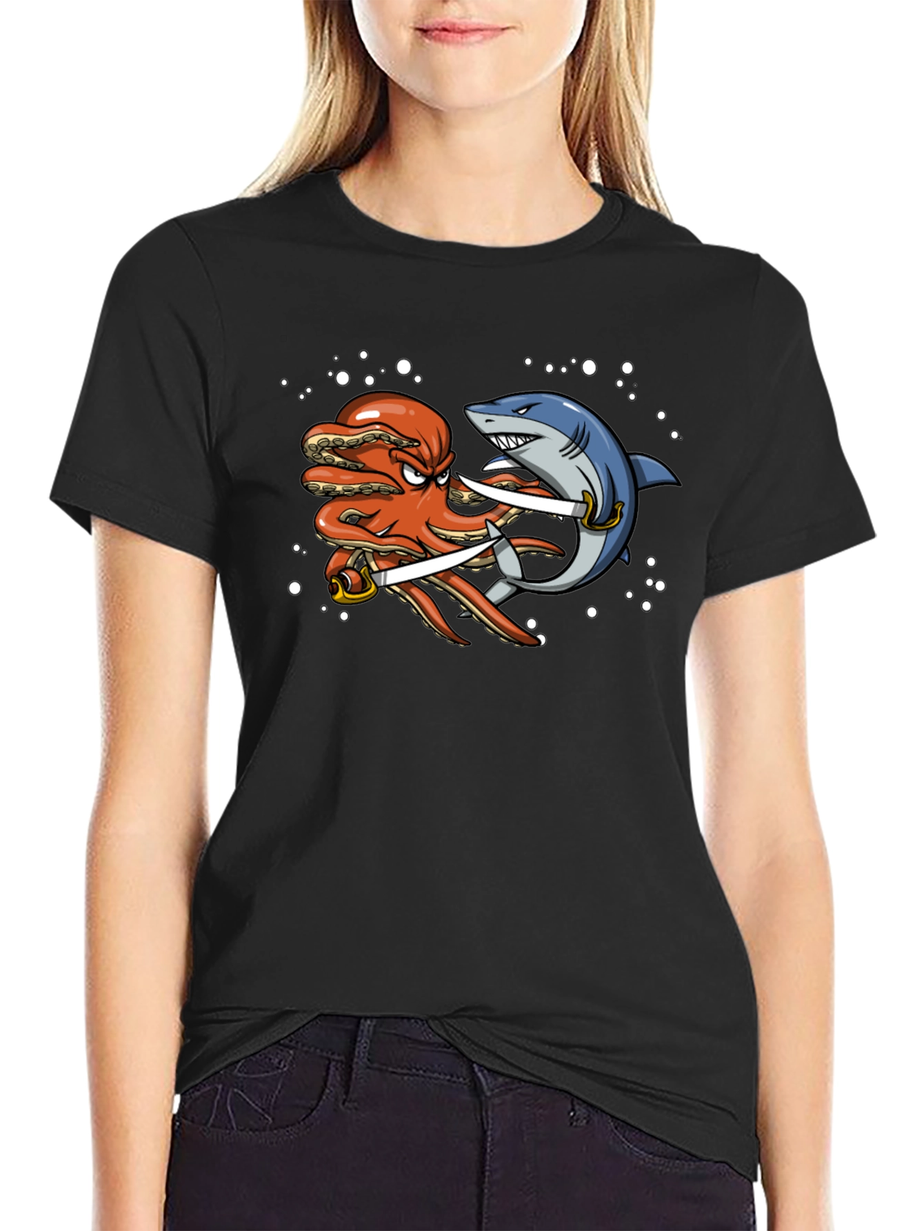 Black Octopus vs Shark T-Shirt - Pirate Duel view 2