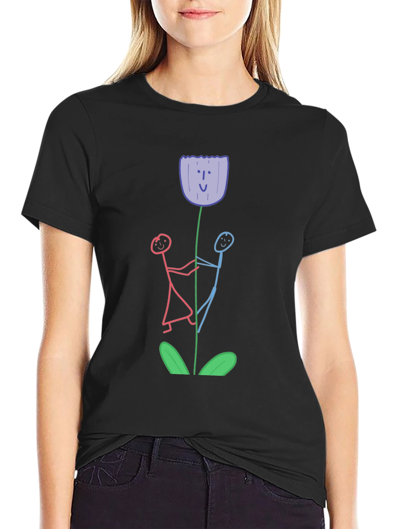 Black Whimsical Flower T-Shirt - Stick Figure Art view 2