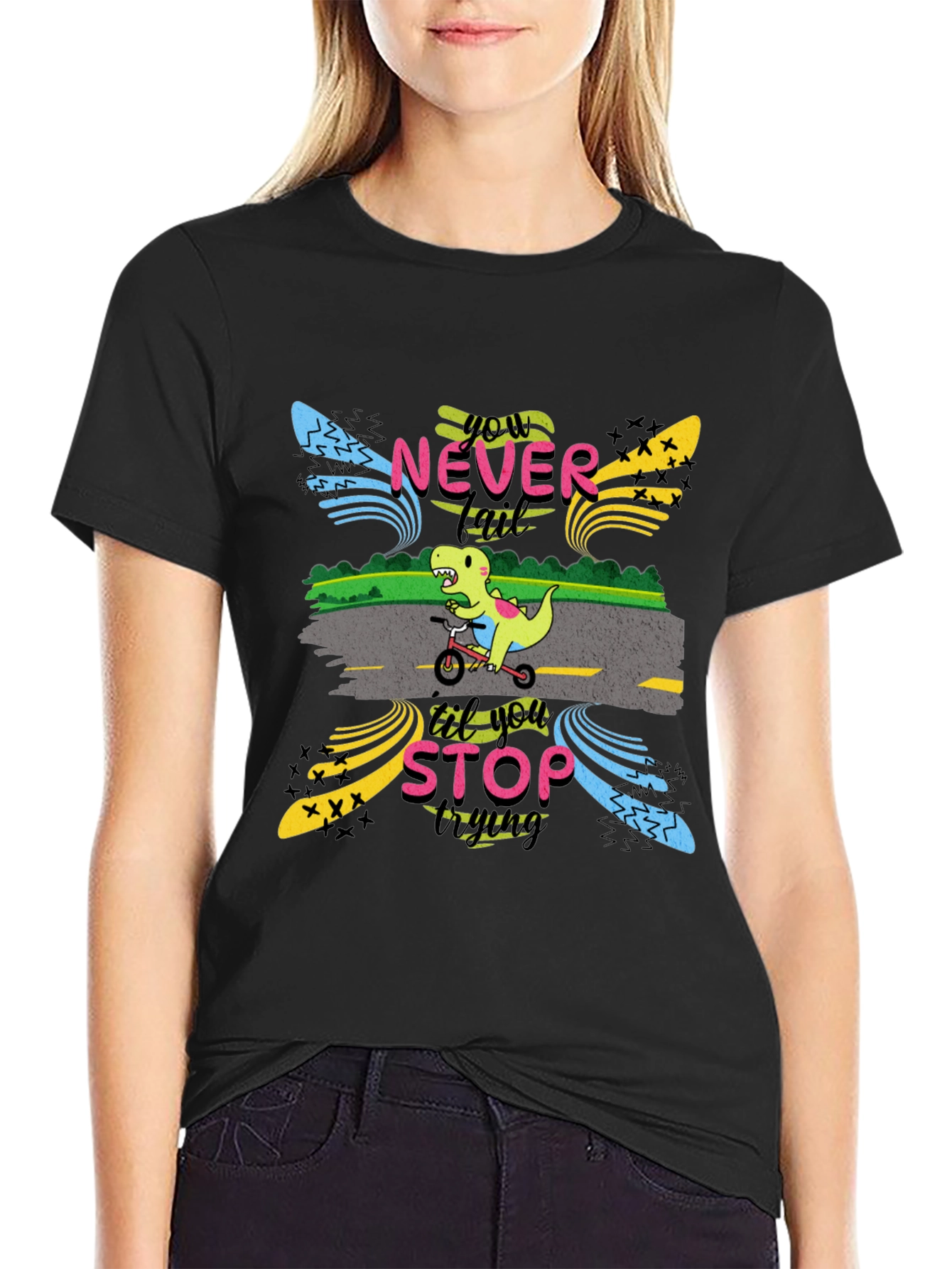 Black Never Stop Trying T-Shirt: Dino on Bike view 2